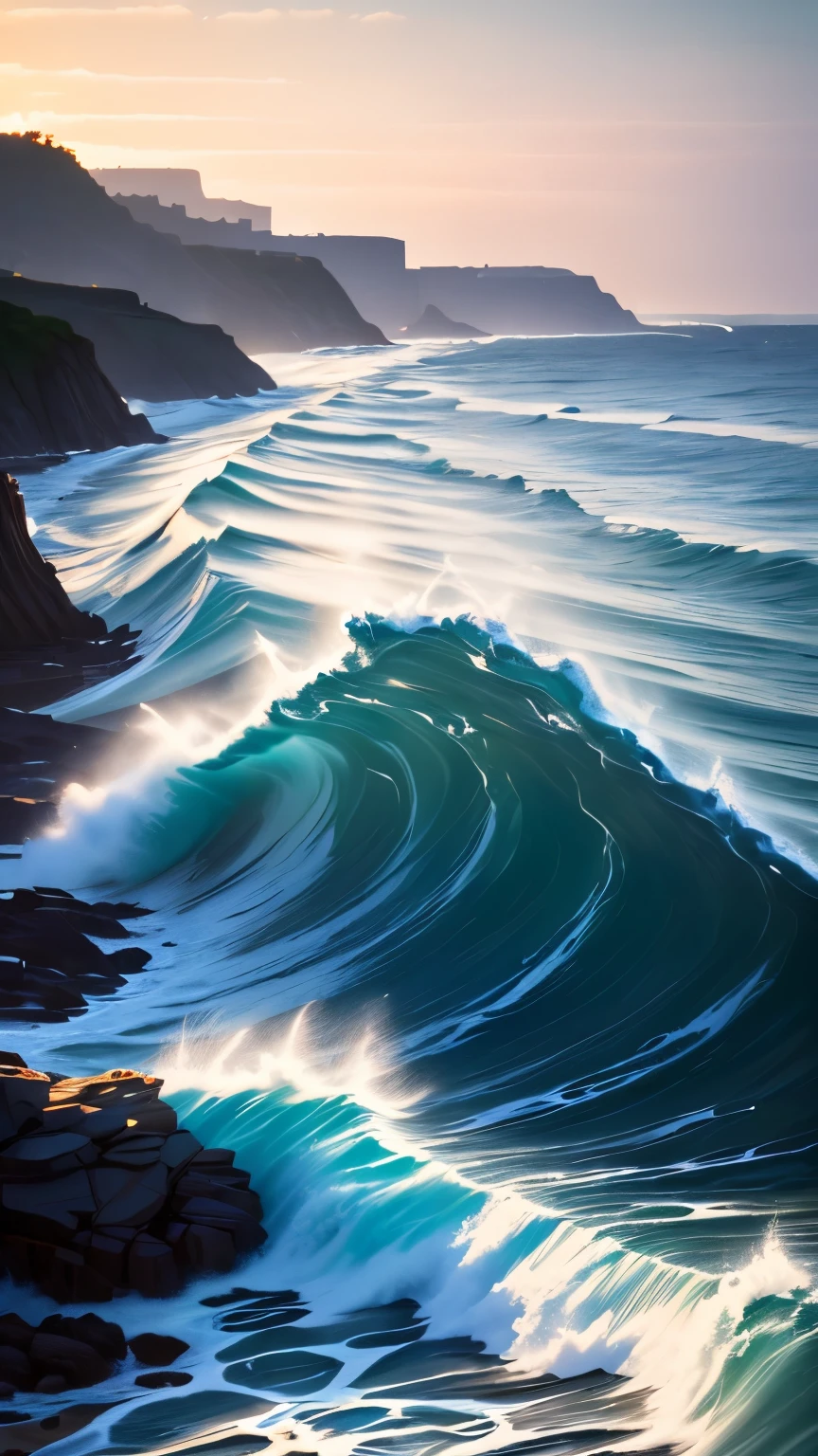 (common, realistic) giant waves crashing against rocky shore, splashing water