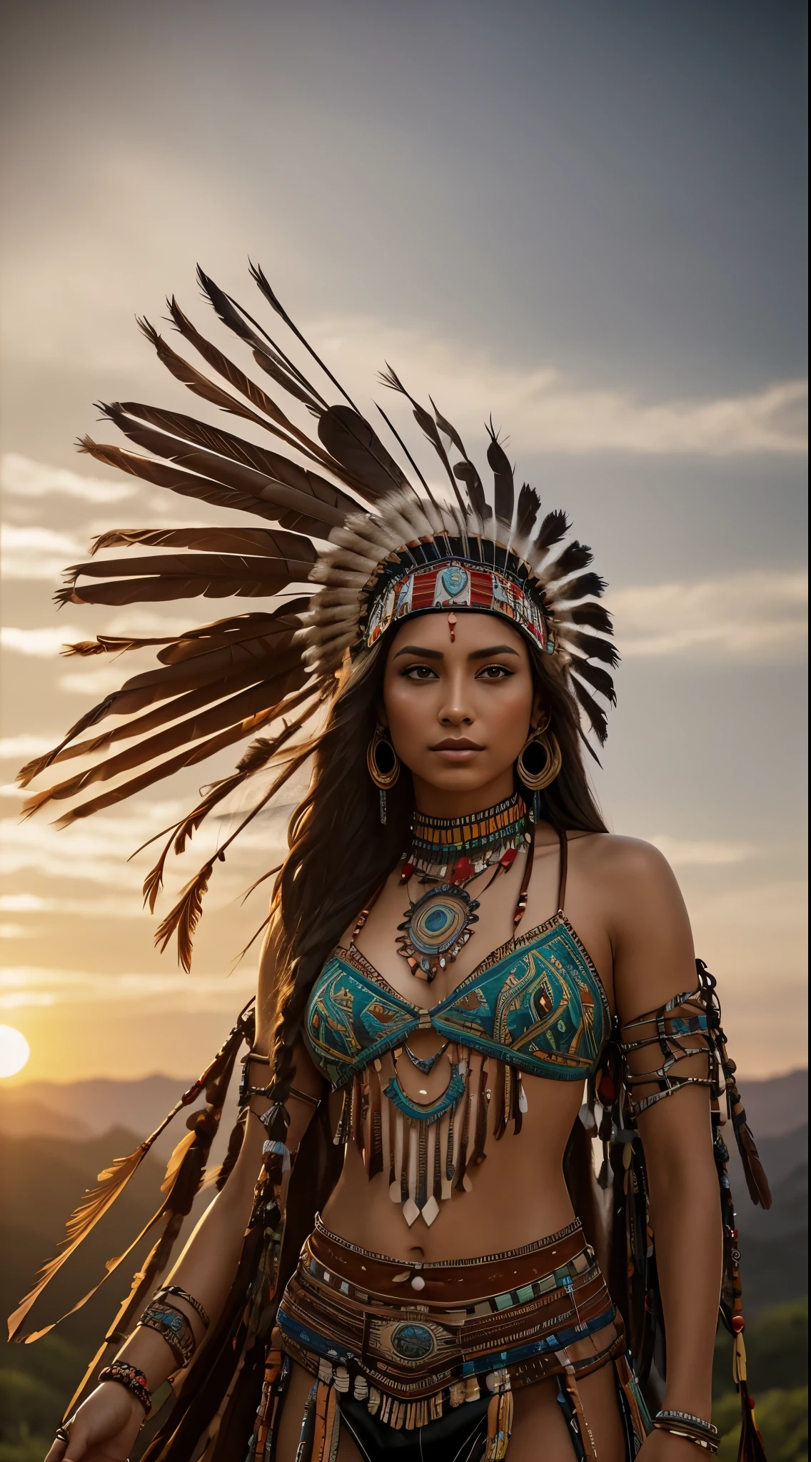Native American beauty in dance poses, luxurious leather ponchos embroidered with intricate embroidery, flowing tulle, feather hair ornaments, war bonnet, tattoo, brown skin, Indian jewelry, Native American pattern, transparent and long colorful ubert on arms, navel ribbons, shoulders, necks, arm ring ribbons, wreaths, bracelets, anklets, Metal chain tassel around waist, sun god background, ink wash, popular CGSTATION, masterpiece, recent quality, high resolution details, 32K
