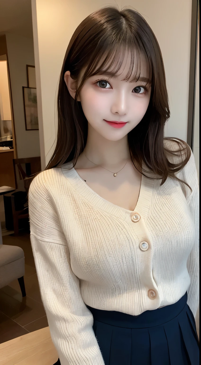 table top, highest quality, shape, Super detailed, finely, High resolution, 8k wallpaper, 完璧なダイナミックな構shape, beautiful and detailed eyes, small breasts, natural color lip, ランダムなsexy pose,smile,20 year old girl、Beautiful and dense face、perfect and beautiful face,Big eyes、real photos(best image quality),cute face、cute、cardigan、shirt、pleated skirt、Blurred tower apartment living room background、sexy pose