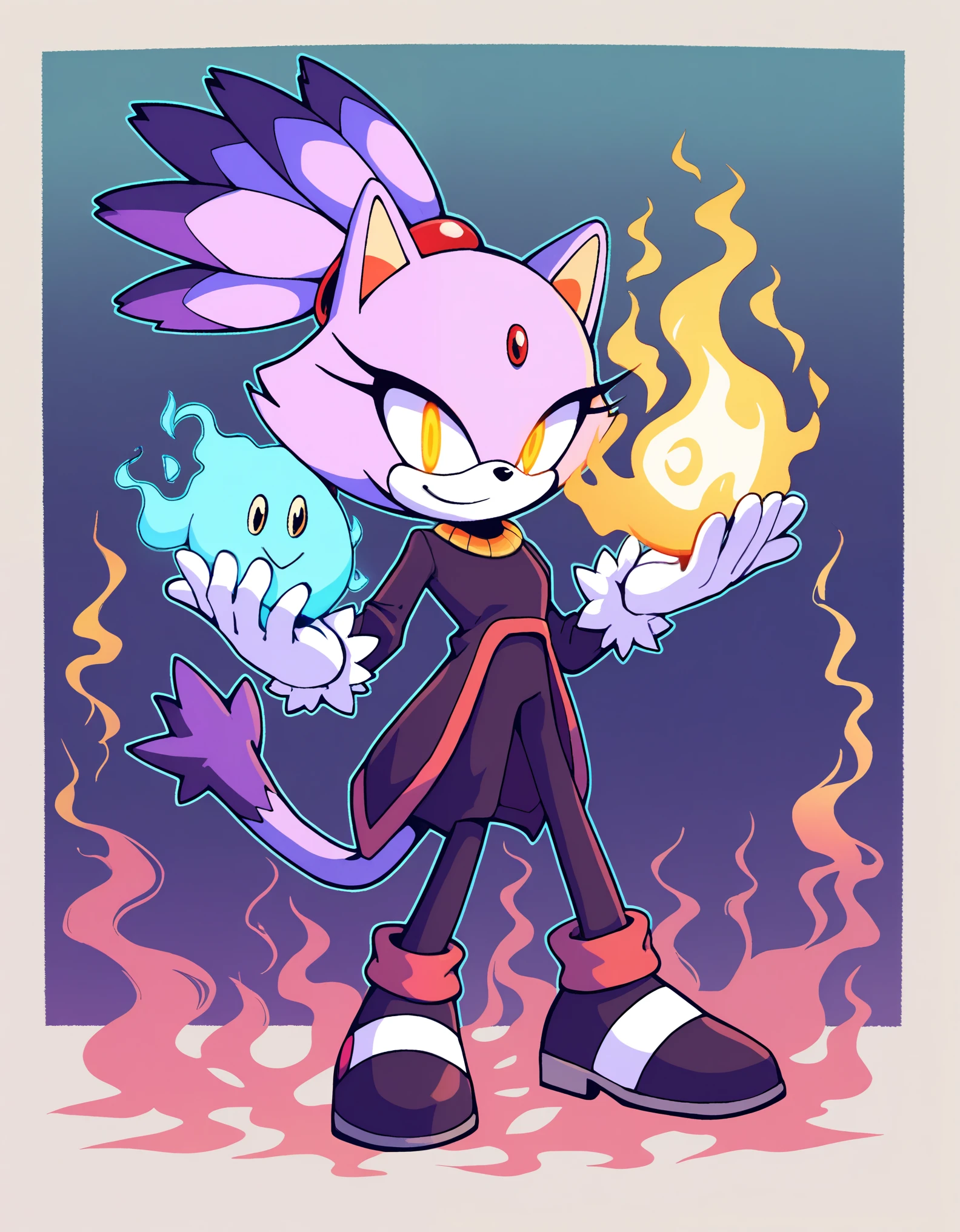 score_9, score_8_up, score_7_up, blaze the cat from sonic the hedgehog, glowing red eyes, wispy hair, pillars of smoke, made out of smoke, ghost-like, demonic appearance, holding a small teal glowing metal square in her hand, smiling evilly, malicious look, swirling cloudy misty background, creepy, stunning visual, hand with five fingers