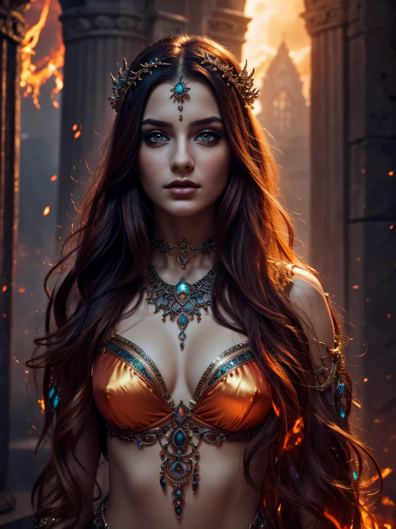 female, beautiful, goddess, jewelry attached to skin, fiery waters, coolest effects, details, beautiful, gothic, (best quality, highres), ultra-detailed, (photorealistic), fantasy, ethereal, vibrant colors, mystical lighting