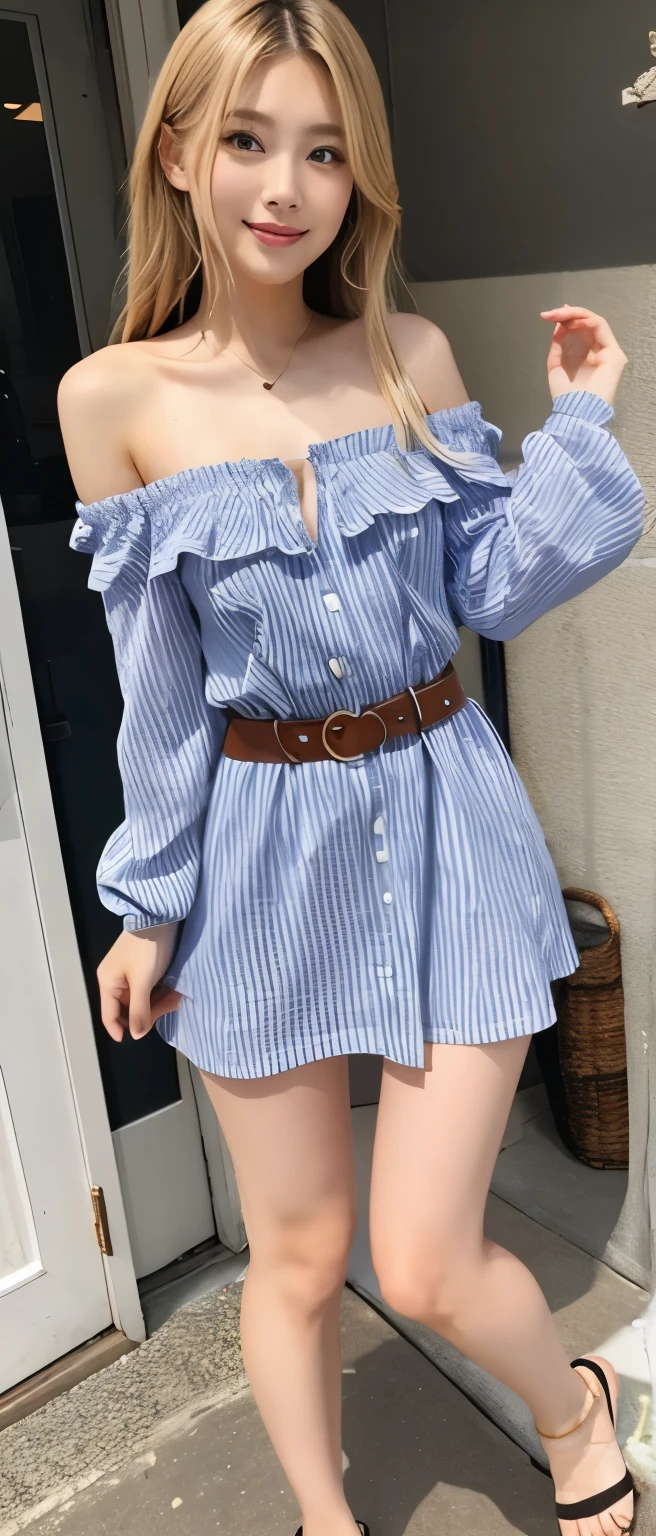 gorgeous supermodel girl、whole body、good style、、、、、blonde long hair、blue striped mini dress(off shoulder)、cool belt
