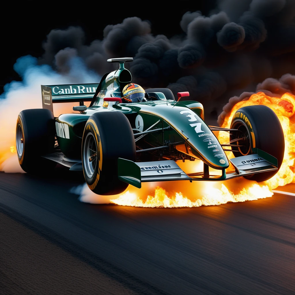 Formula 1 car with a burning wheel enduring an accident on the race track, captured in the intense, humanized storytelling style of W. Eugene Smith, 32k resolution, hyper-detailed elements, sharp focus, ultra HD quality, realistic textures, vivid color palette, pen and ink precision, composition adhering to the golden ratio, octane render for insane detail, trending on ArtStation, with the caliber of 8k artistic photography. High Resolution, High Quality, Masterpiece. best quality, masterpiece, super detail