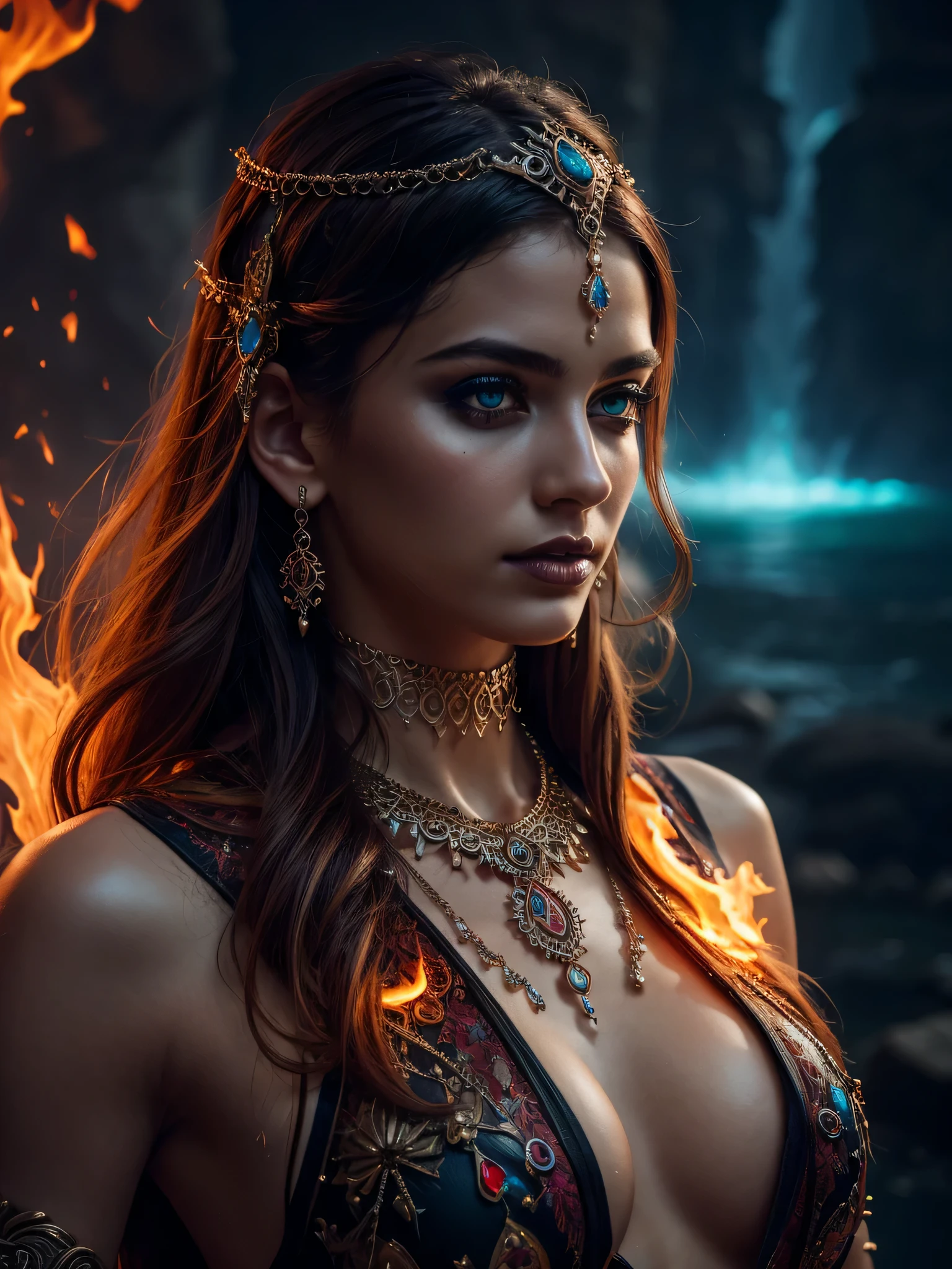 female, beautiful, goddess, jewelry attached to skin, fiery waters, coolest effects, details, beautiful, gothic, (best quality, highres), ultra-detailed, (photorealistic), fantasy, ethereal, vibrant colors, mystical lighting