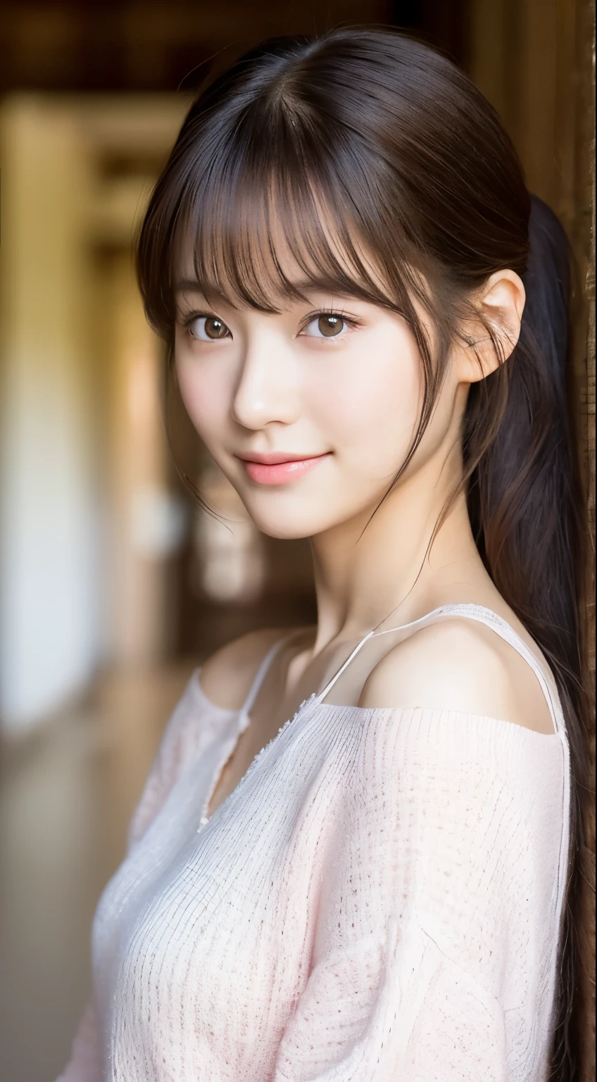 best quality，Face focus，soft light，ultra high resolution(lifelike:1.4)，original photo，alone，Lovely，pupil(There is light in the eyes)，Detailed beautiful face，Resolution details of human skin texture。 place：outdoor，Sunlight。 clothing：White low V-neck， hairstyle：A few bangs on the forehead，silky long straight hair，ponytail，princess hairstyle characters：a japanese girl，Age 20 years old， Smile， Natural light makeup，pale pink blush，Height 163cm，Measurements 80.5 54 82 ，B- cup