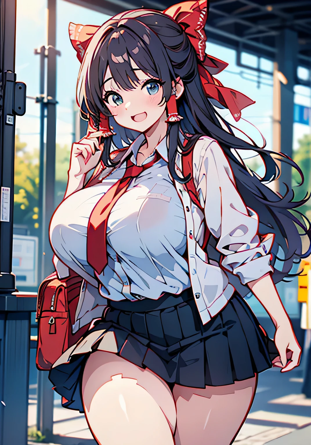 Erotic Anime Illustration、best image quality、Plump high school girl commuting to school by bus、reimu hakurei、perfectly proportioned skirt、Overwhelming big breasts that go beyond common sense、thick legs with fat、cowboy shot、ecstatic expression