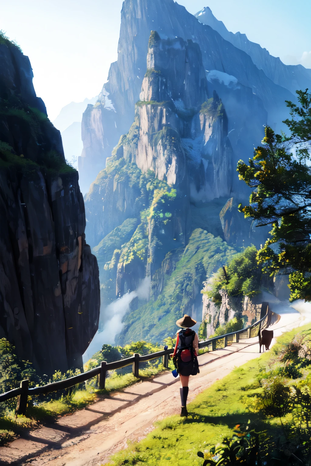 a girl, a guide, and only one horse are at a tourist point at the edge of a mountain. surrounded by many big mountains and a deep jungle valley in front of them