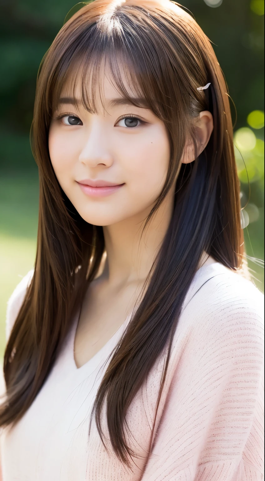 best quality,Face focus,soft light,ultra high resolution(lifelike:1.4),original photo,alone,Lovely,pupil(There is light in the eyes),Detailed beautiful face,Resolution details of human skin texture。 place:outdoor,Sunlight。 clothing:White low V-neck, hairstyle:A few bangs on the forehead,silky long straight hair,ponytail,princess hairstyle characters:a japanese girl,Age 20 years old, Smile, Natural light makeup,pale pink blush,Height 163cm,Measurements 80.5 54 82 ,B- cup