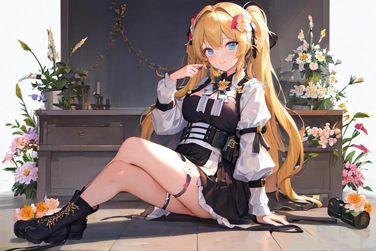 (best quality, masterpiece:1.2), from below, A beautiful girl with blond twin-tail hair wearing boots is sitting (flower effect:1.4).All-white background