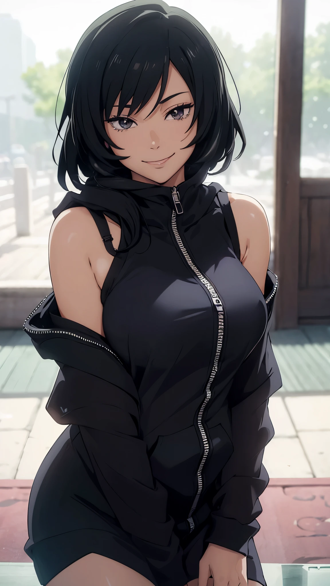 Mai, ( Bokeh effect ),hoodie, bra strap off shoulder, off shoulder, sexy hoodie, open hoodie, open zipper, breast popping out, medium breasts, cute outfit, Portrait, masterpiece, 8k, ultra high quality, ultra realistic, ultra high definition, anime art, smiling, cute, seductive