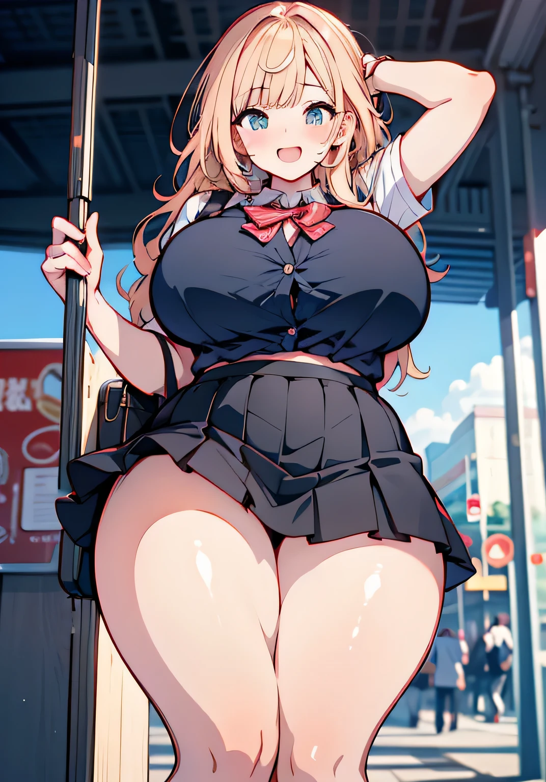 Erotic Anime Illustration、best image quality、Plump high school girl commuting to school by bus、Kirisame Marisa、perfectly proportioned skirt、Overwhelming big breasts that go beyond common sense、thick legs with fat、cowboy shot、ecstatic expression