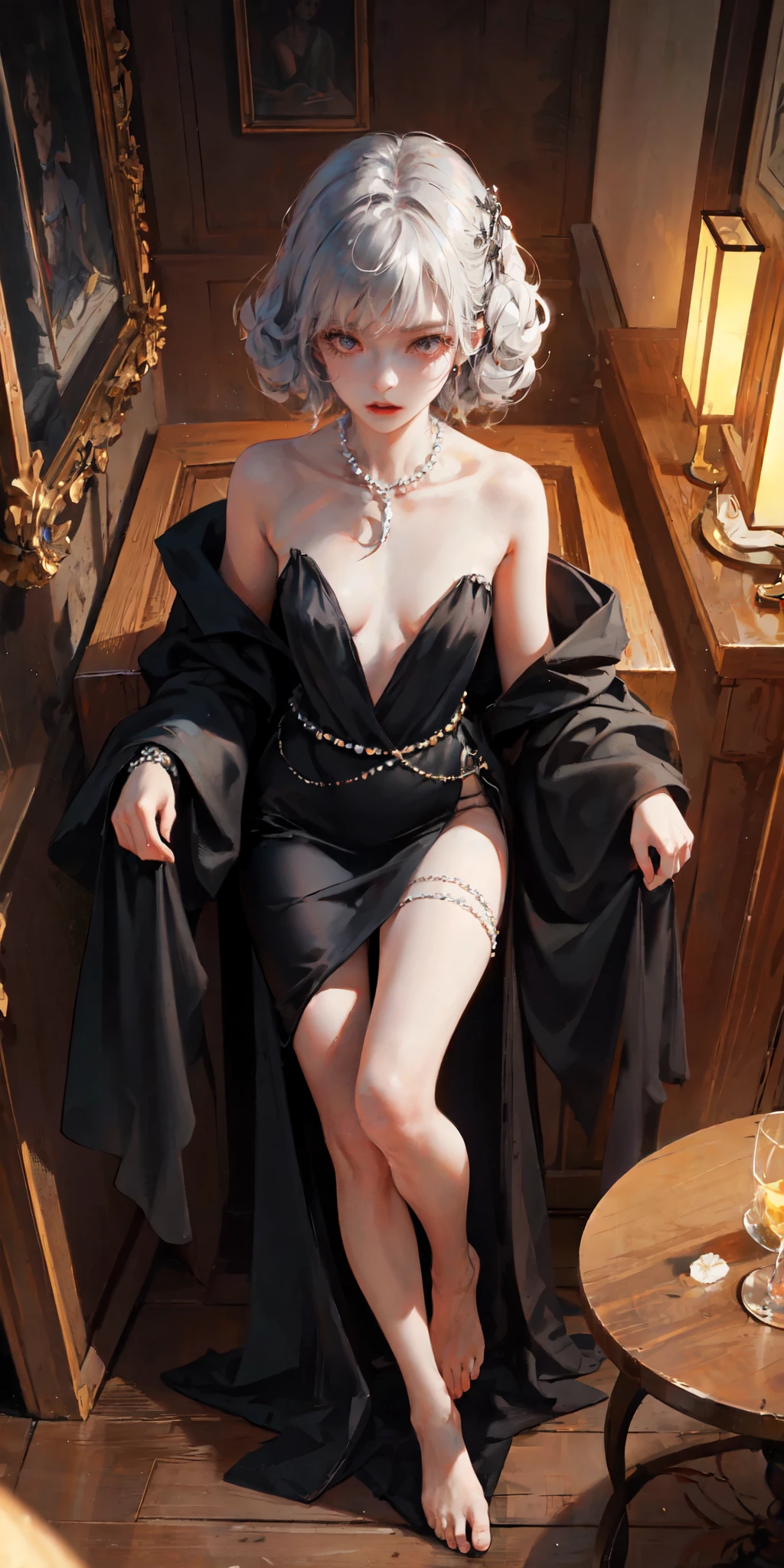 A girl in a dark scene,,Wear jewelry and pearls around your neck,hollowed out,clean,curls, small, Face turned red, thigh, bare shoulders, clavicle, Willow Yao, barefoot,(masterpiece), slim,((Full body female love))