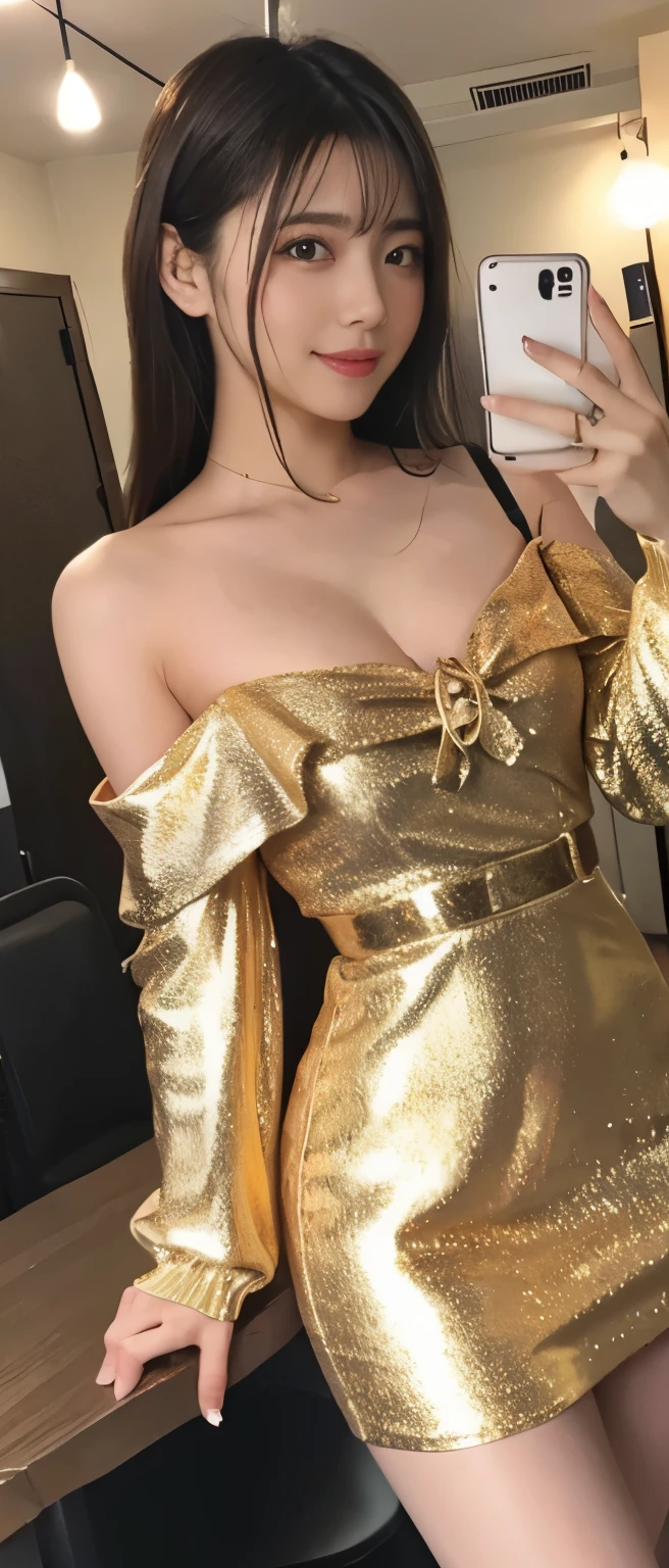 gorgeous night girl、whole body、good style、、、、、long hair、gold armor mini dress(off shoulder)、Neat and clean idol face、Modern Japanese townscape
