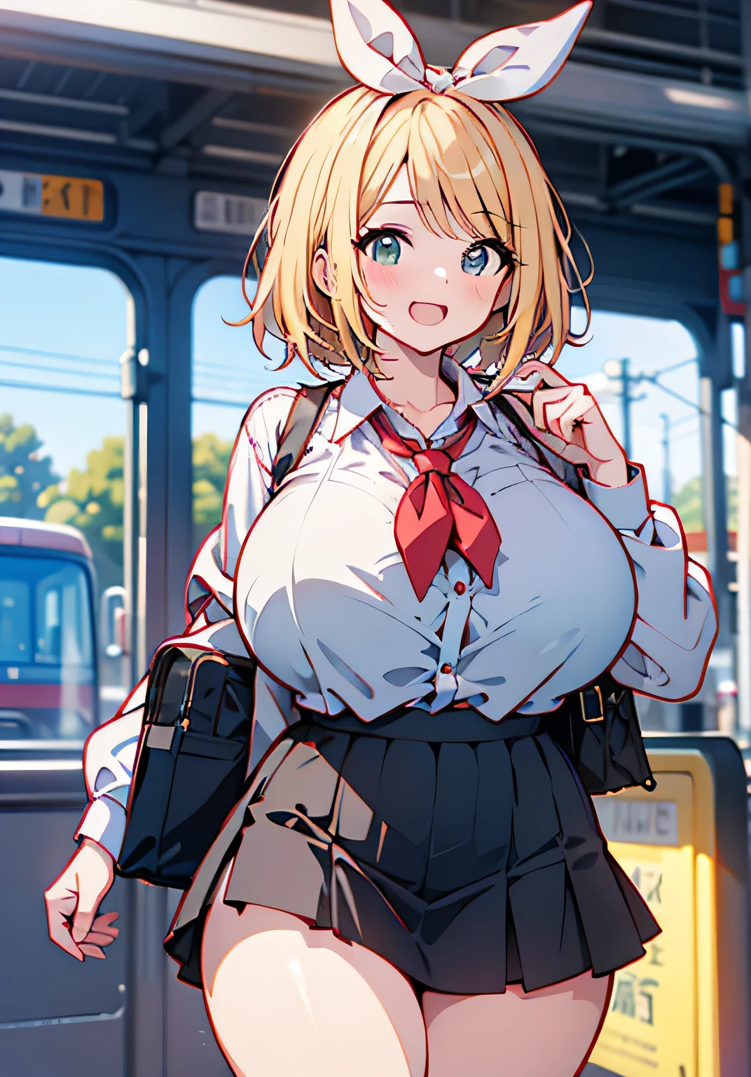 Erotic Anime Illustration、best image quality、Plump high school girl commuting to school by bus、Kagamine rin、perfectly proportioned skirt、Overwhelming big breasts that go beyond common sense、thick legs with fat、cowboy shot、ecstatic expression