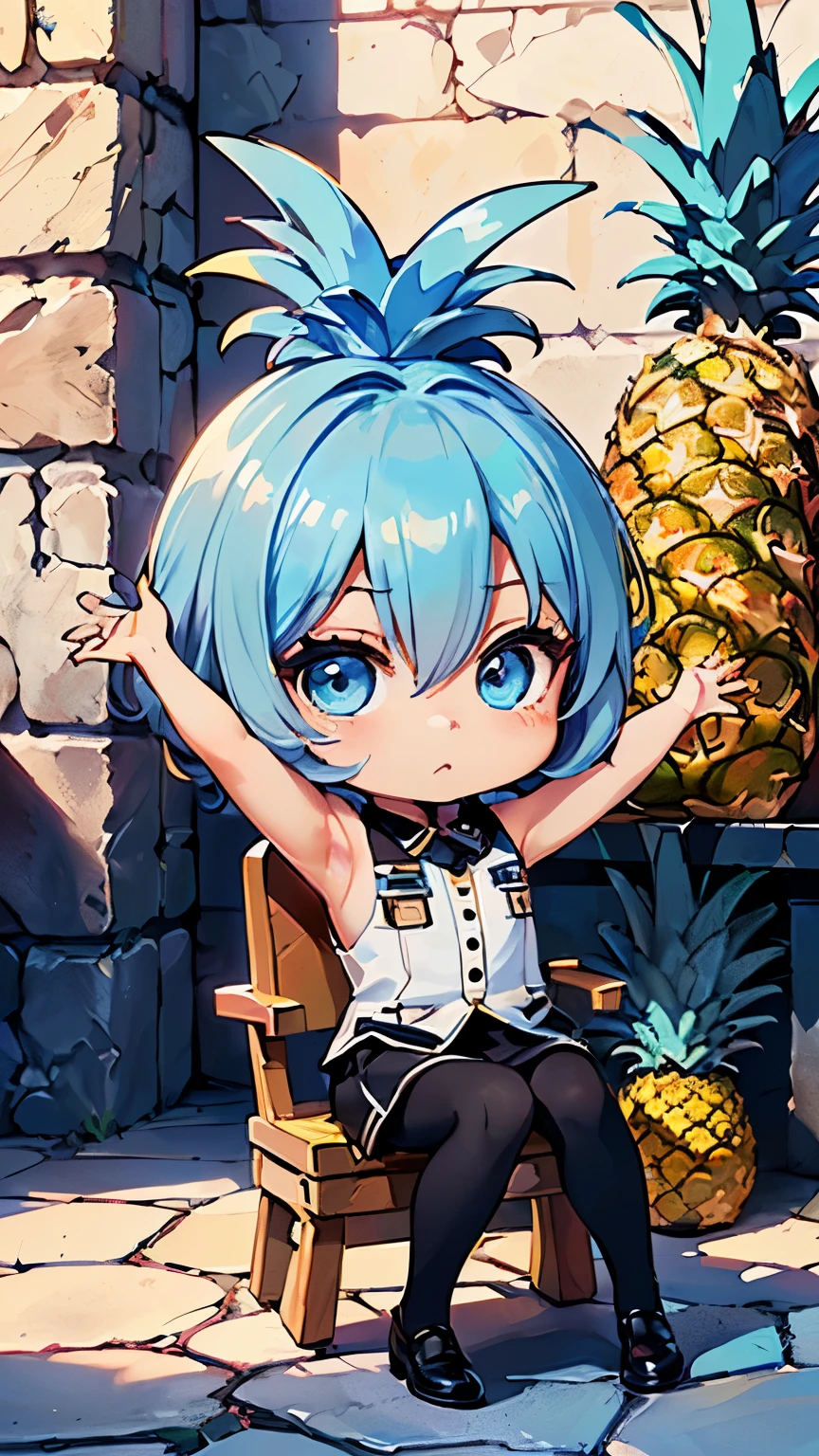 (perfect first take、A picture for everyone、Shin-e、A piece of miracle:1.1)、(pineapple、chibi whole body、slim body、8k、highest quality、Moe:1.5),(Ultra-detailed retina、super detail eyes、attractive face、chibi makeup:1.3)、(light blue hair、light blue eyes、pineappleモチーフ、Delicate bristles、short hair、chignon hair:1.5)、(best lighting、best shadow、very delicate and beautiful:1.2)、(train、stone floor、stone wall:1.1)、(sit down、civil servant cadet:1.3) ,(hair is frizzy、bright park、tights、black bootedal、uniform、upper grade、The armpit that I saw by chance、close distance:1.3)
