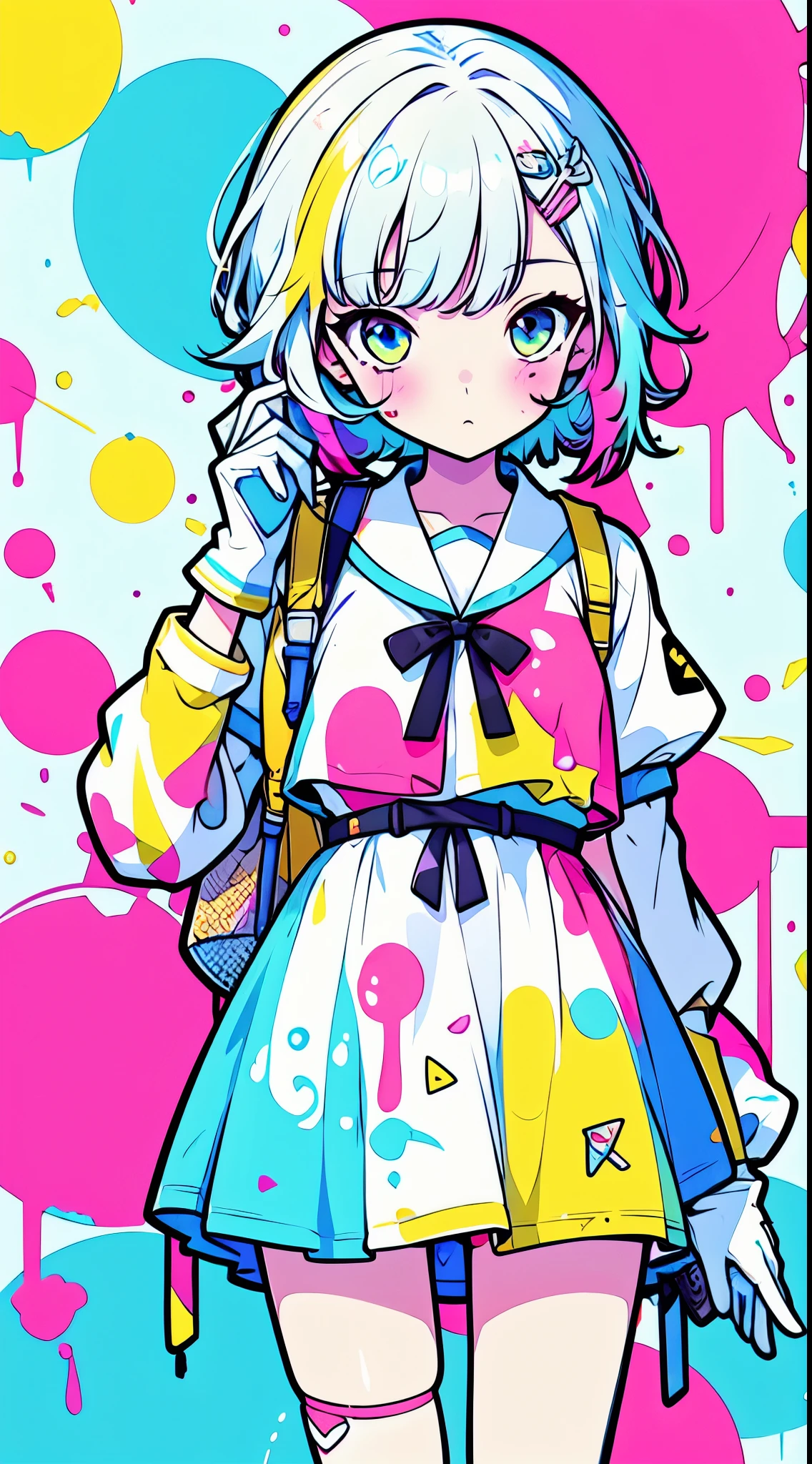 1 girl, alone, (masterpiece), disorganized, High resolution, paint splatters, graffiti, Spray can, , paint splatters, jsrgum, short dress, white gloves, Striped sleeves, colorful shiny eyes, cute