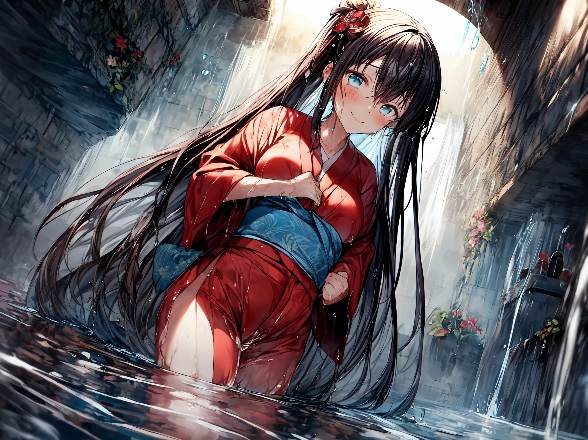 hyper quality, high resolution, intricate details, panorama, dutch angle,

Anime little girl wearing a (flower kimono), cotton texture kimono, (red kimono:1.15), (very large kimono, large kimono sleeve, best cotton texture, best Wrinkles on kimono), solo, full body, Beautiful eyes, 

(Partial submerse:1.1),Partial kimono in water, (Water sprayed, water column:1.1) (wet, very wet kimono, wet body, wet long black hair, wet kimono sleeve, wet kimono drees, wet skin:1.1), (Transparent mucus wrapping, water drop),

submerse in water, Poignant and beautiful, Smile in despair, smile in sadness, closed mouth, 

(beautiful and detailed water:1.1), (dark dungeon, dark and damp water dungeon, enclosed space:1.15), (Cement walls), dark light, light source,

(atmosphere of despair:1.15), (Water mist), inspired by the flower house Yiding's manga painting, Pixiv competition winner, ukiyo-e, ukiyo-e art style, ukiyo-e style, Japanese art style, Japanese illustrator,