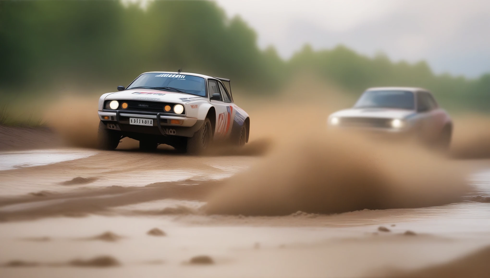 (masterpiece, best quality:1.2), photorealistic, sharp focus, Rally cars on mud