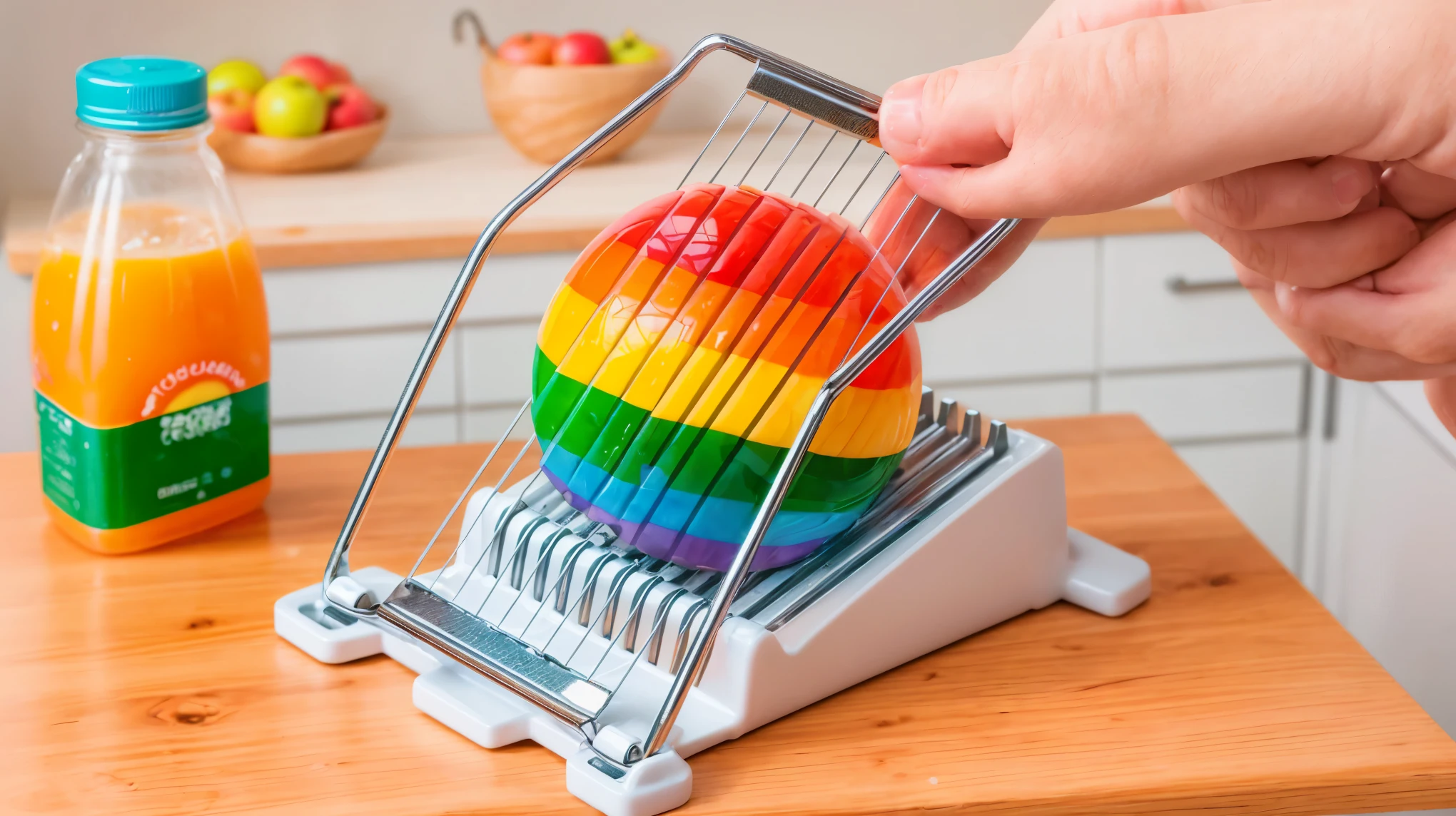 on a wooden table, costs an egg slicer, egg slicer cuts rainbow jelly egg, there is juice in a bottle and an apple on a wooden table, against the background of the kitchen, bright lighting, realistic texture, realistic style, A high resolution, high quality, high quality render, 8K