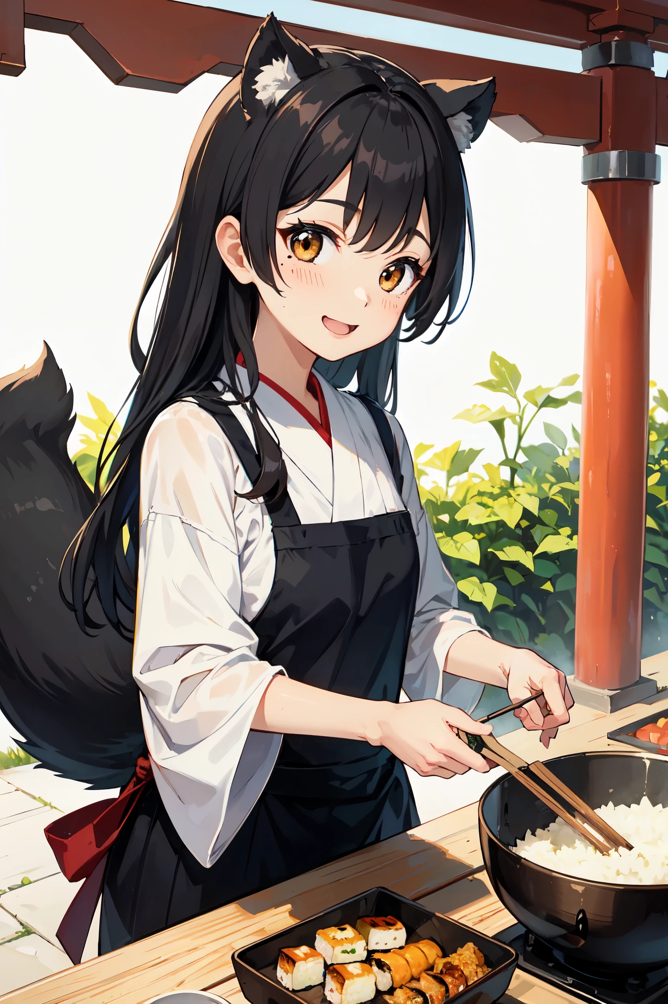 Illustration of Tanuki girl making Inari sushi。She wears brown fur and a white apron、she has long black hair.。her ears and tail belong to a raccoon.、I have a mole on my face。She is making Inari sushi ingredients in the kitchen..、The pot contains fried tofu and rice..。her face is happy and smiling.、Unaware that the things she makes are made from the skins of her fellow foxes.。In the background there is a shrine and a torii gate.、Make you feel the wrath of the Inari god