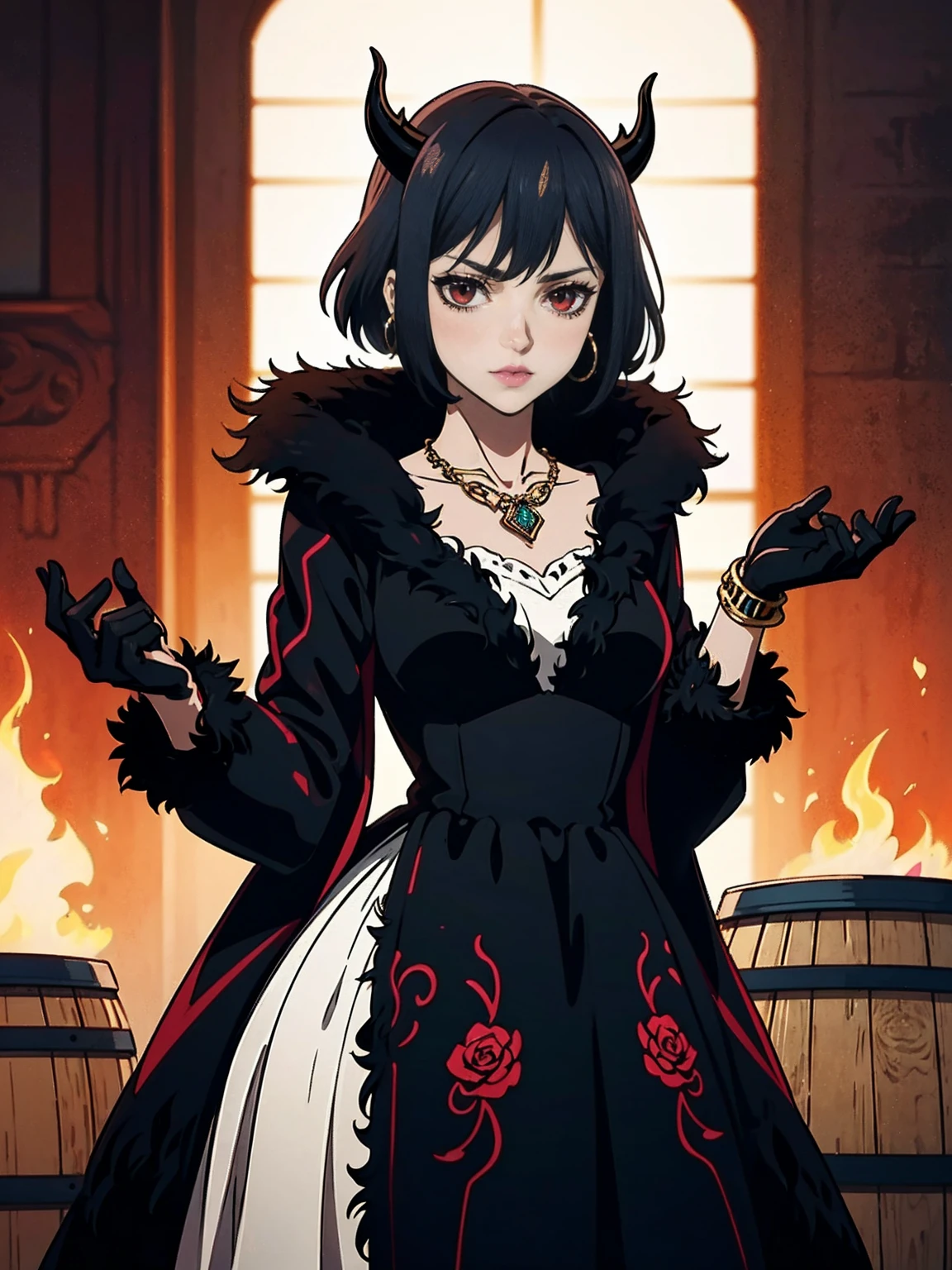 ((1girl, solo ,alone, Nero, Secre Swallowtail, illustration, (anime style, masterpiece, best quality), intricate details, 1girl, alone, Nero, black hair, short hair, red eyes, horns, black dress, black bulls, elegant delicate, reflection, shine, sophisticated, anime, manga, looking at the viewer, feathers)), ((solo, 1woman, pink lipstick, Extremely detailed, ambient soft lighting, 4k, perfect eyes, a perfect face, perfect lighting, a 1girl)), austere, ((white dress, ornate long dress, dark red dress)), sexy red dress)), (((black fur coat:1.4), (ornate dress, salmon colour dress))), bracelet, winery,wine barrels backgroudn, standing on a barrel, sexy pose)), gloves, leather gloves, bracelets, amethyst necklace, hoop earrings))