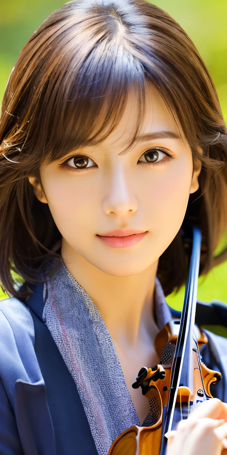 masterpiece、highest quality、High resolution、table top、wallpaper、realistic、bright lighting、professional lighting、face light、smooth lighting、japanese woman、adult、Beautiful woman、action、gravure、sexy、poor、super beautiful、beautiful skin、beautiful and detailed eyes、detailed face、slim、Moderately、short hair、brunette colored hair、brown eyes、look at the camera、Let&#39;s play the violin、