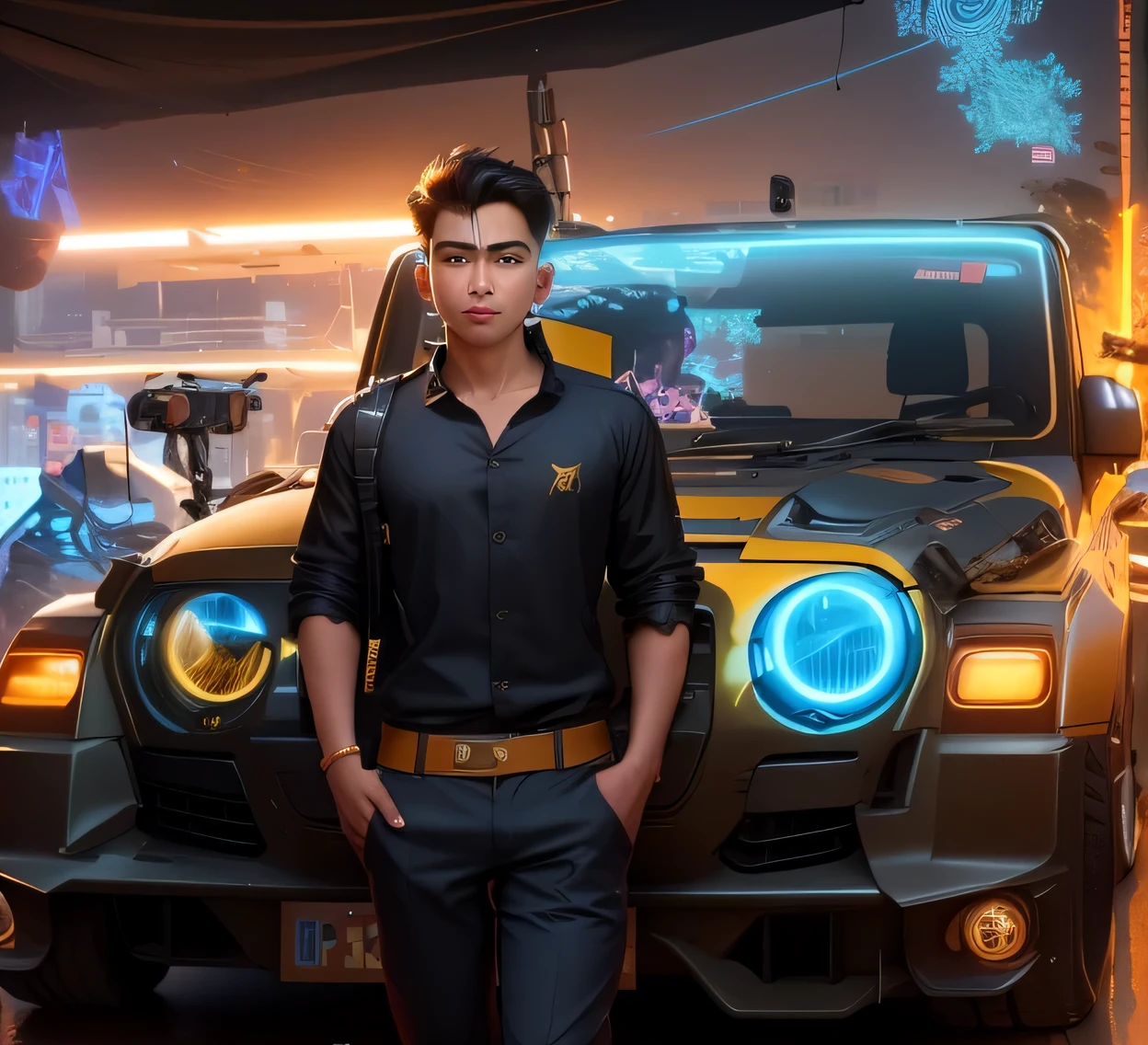 Smart cyberpunk handsome boy stand in front of thar ,tiger stand in side the boy,