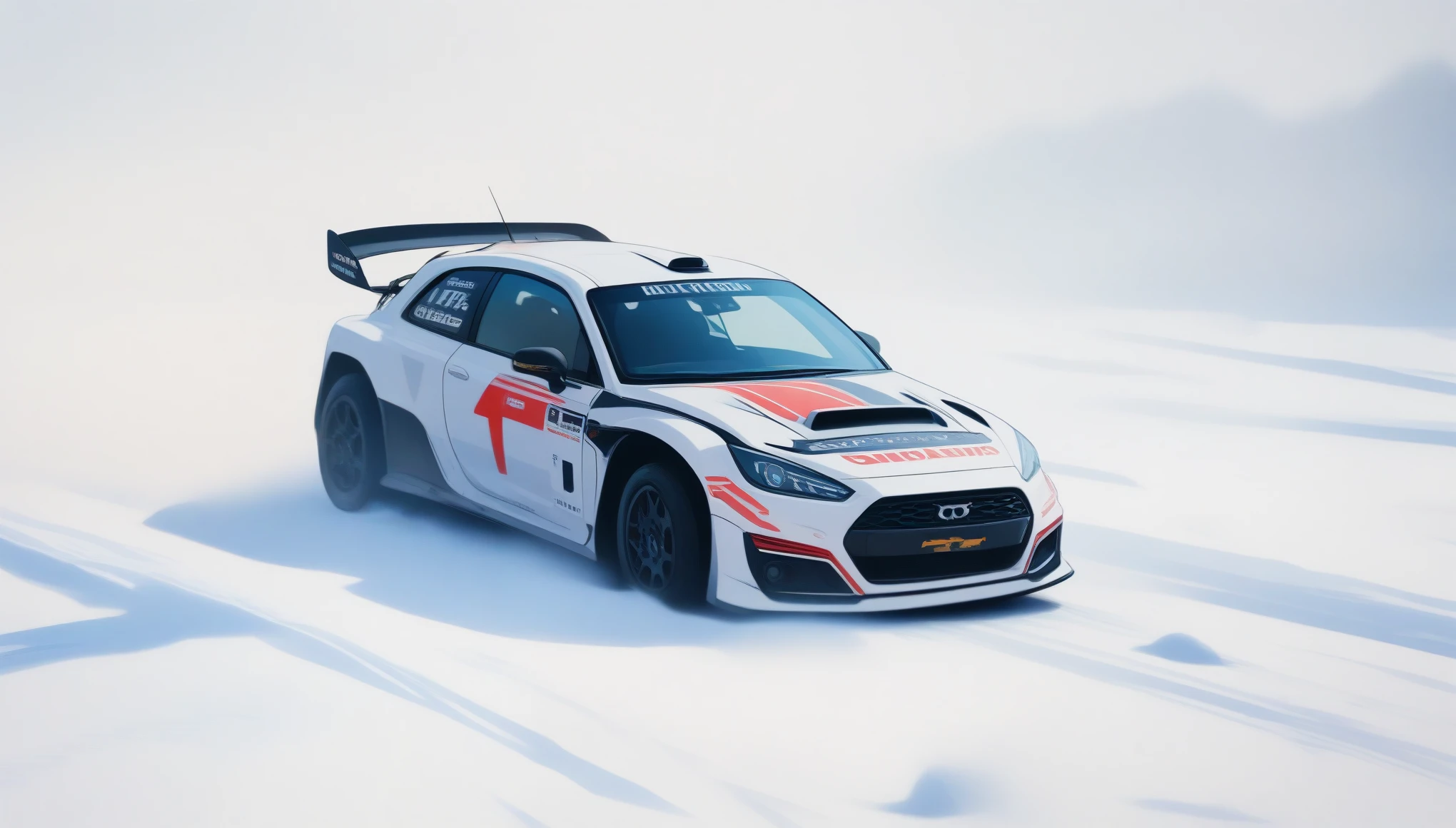 (masterpiece, best quality:1.2), photorealistic, sharp focus, Rally cars on snow