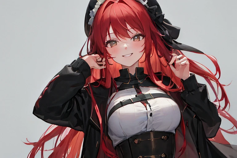 (best quality, masterpiece:1.2), A girl in with long red hair is smiling and staring at you. All-white background