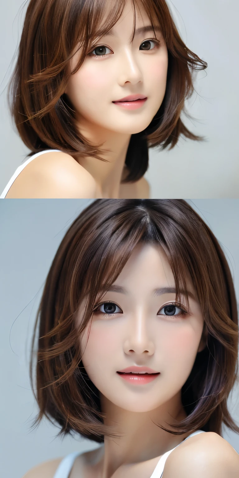 masterpiece、highest quality、High resolution、table top、wallpaper、realistic、bright lighting、professional lighting、face light、smooth lighting、japanese woman、adult、Beautiful woman、action、gravure、sexy、poor、super beautiful、beautiful skin、beautiful and detailed eyes、detailed face、slim、moderately、short hair、brunette colored hair、brown eyes、look at the camera、Let me&#39;