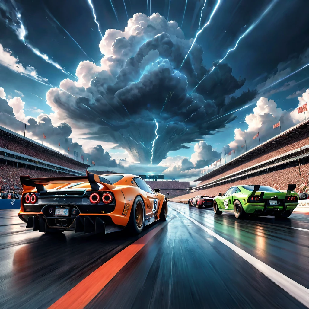 Racing Car, aesthetic, extremely detailed, Two cars, thrilling starting line drag race at the car race track, thunderclouds, dramatic detailed clouds, meticulously hyperdetailed fantasy photo with breathtaking intricate details, by WETA FX and industrial light and magic, intricate elaborate RTX enhanced CGI render