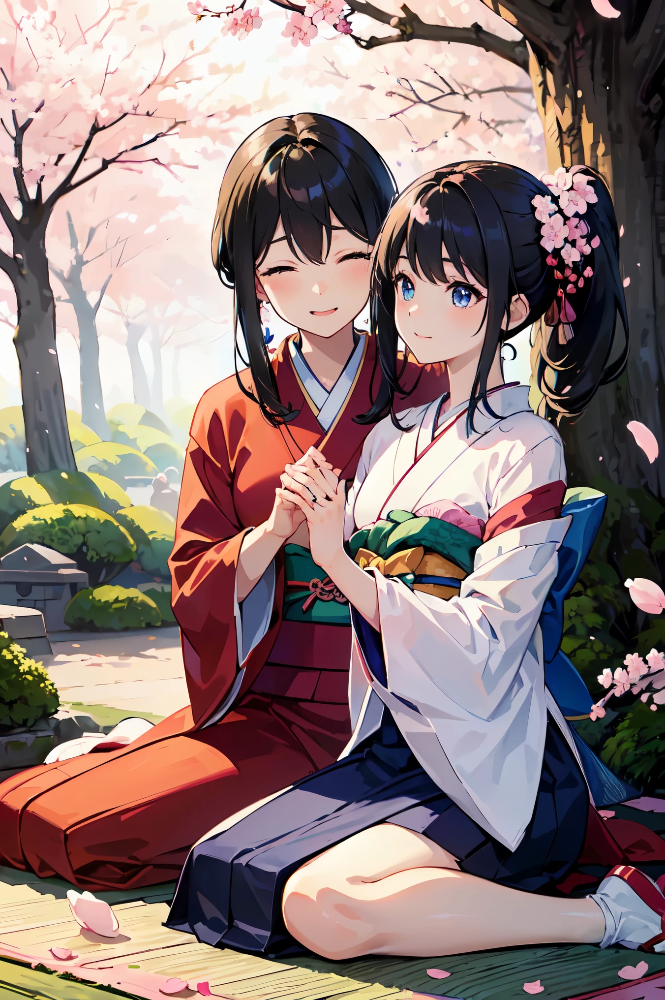 official art, unity 8k wallpaper, Super detailed, beautiful beautiful, masterpiece, highest quality, (tangleた, tangle, tangle),  1 girl, black haired,ponytail、 Japanese, bare shoulders, short skirt, calf, very detailed, dynamic angle, cowboy shot, (the most beautiful form of chaos), flowing, (bright colors), nffsw, (half: 1.2), Japanese style, (Tanka Hiku: 1.5), (ribbon: 1.3), (dream: 1.5), (Japanese style kimono: 1.5), japan phoenix、(laughter:0.5)、(Japanese god)、Sakuya、((((Cherry blossom petals are dancing))))、pray、(((girl sitting on a stump)))、(((Wariza)))、night view、(((Kimono with footprints)))