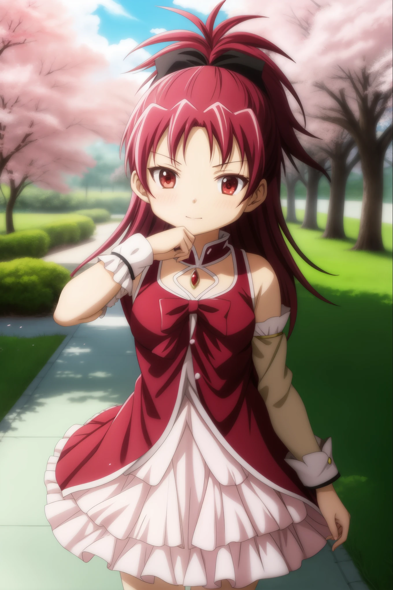 master piece, best quality, 8k, 超High resolution, highest quality, anime style, best writing, beautiful face, highest quality, masterpiece, High resolution, alone, {cherry blossoms_kyouko_Magical Girl Magi Madokesu:1.15}, red_hair, length_hair, ponytail, red_eye, hair_bow, bow, Magic_girl, 1girl, formal_style, free pose, cowboy shot