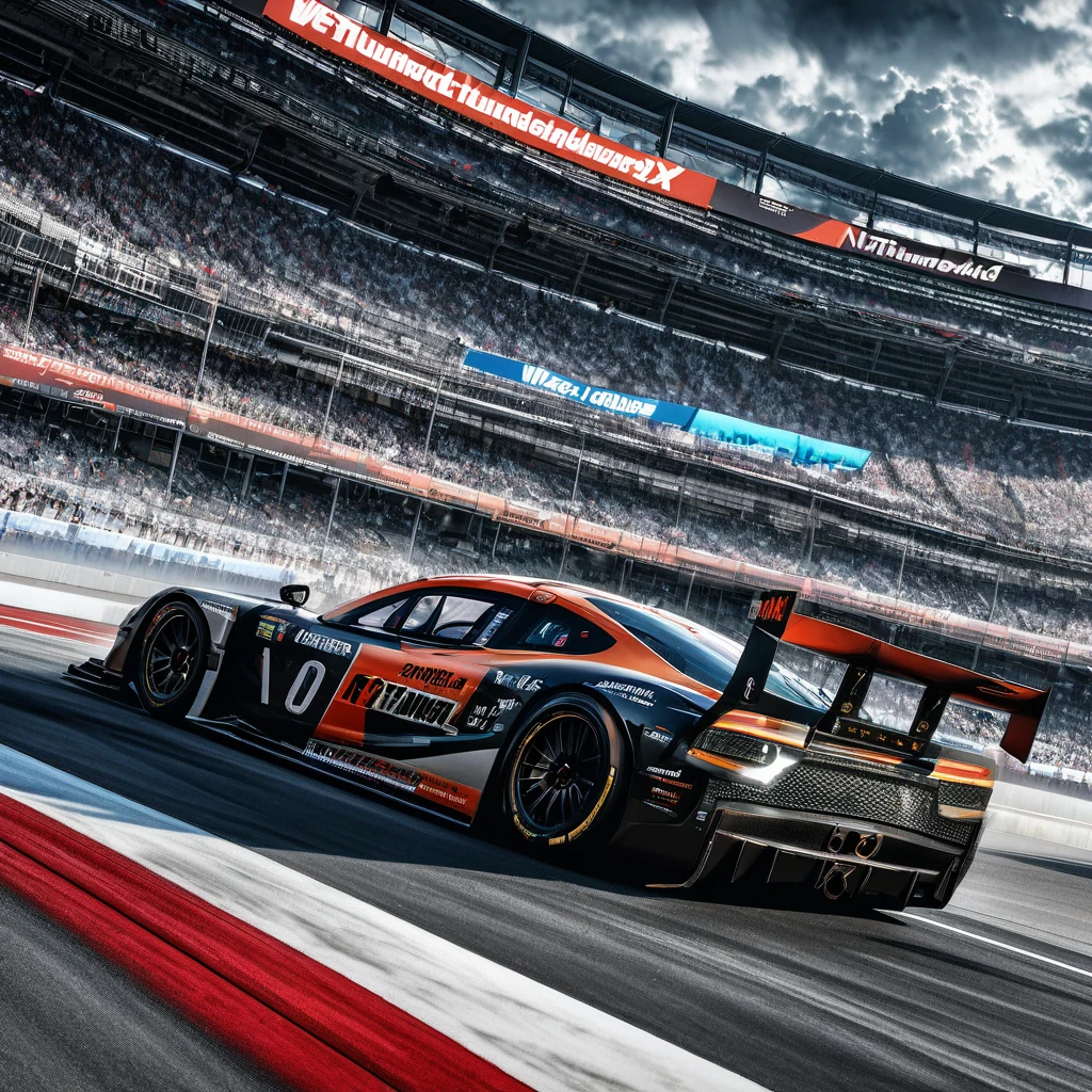 Racing Car, aesthetic, extremely detailed, Two cars, thrilling starting line drag race at the car race track, thunderclouds, dramatic detailed clouds, meticulously hyperdetailed fantasy photo with breathtaking intricate details, by WETA FX and industrial light and magic, intricate elaborate RTX enhanced CGI render
