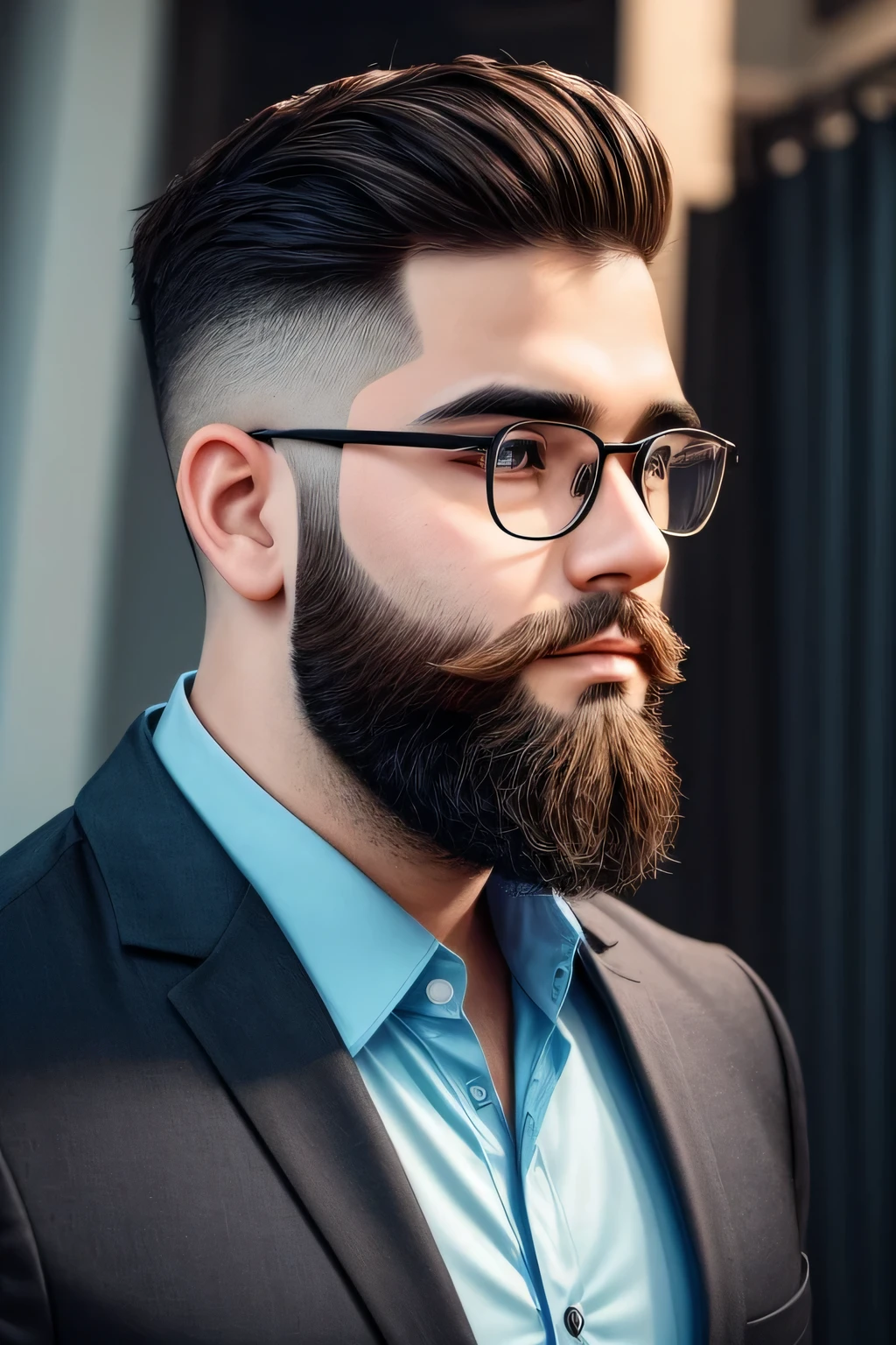 25 year old boy,( thick beard mastech ),sharp cut hair style, glasses, wearing black suit and pastel blue shirt fair skin,thick round , selfie profile photo, ultra high quality resolutions,8k details, potrait,
