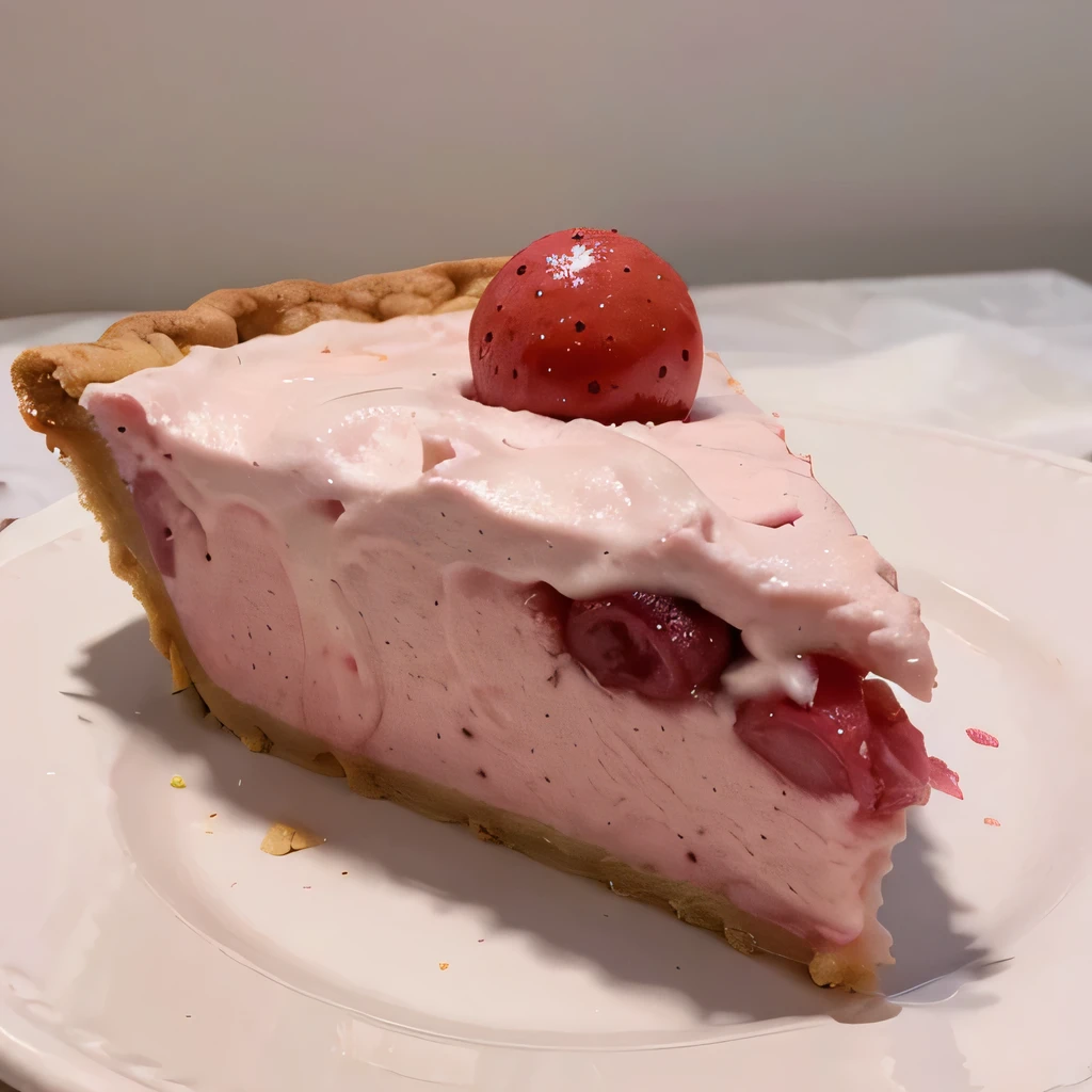 A pie with a pink ball on one side