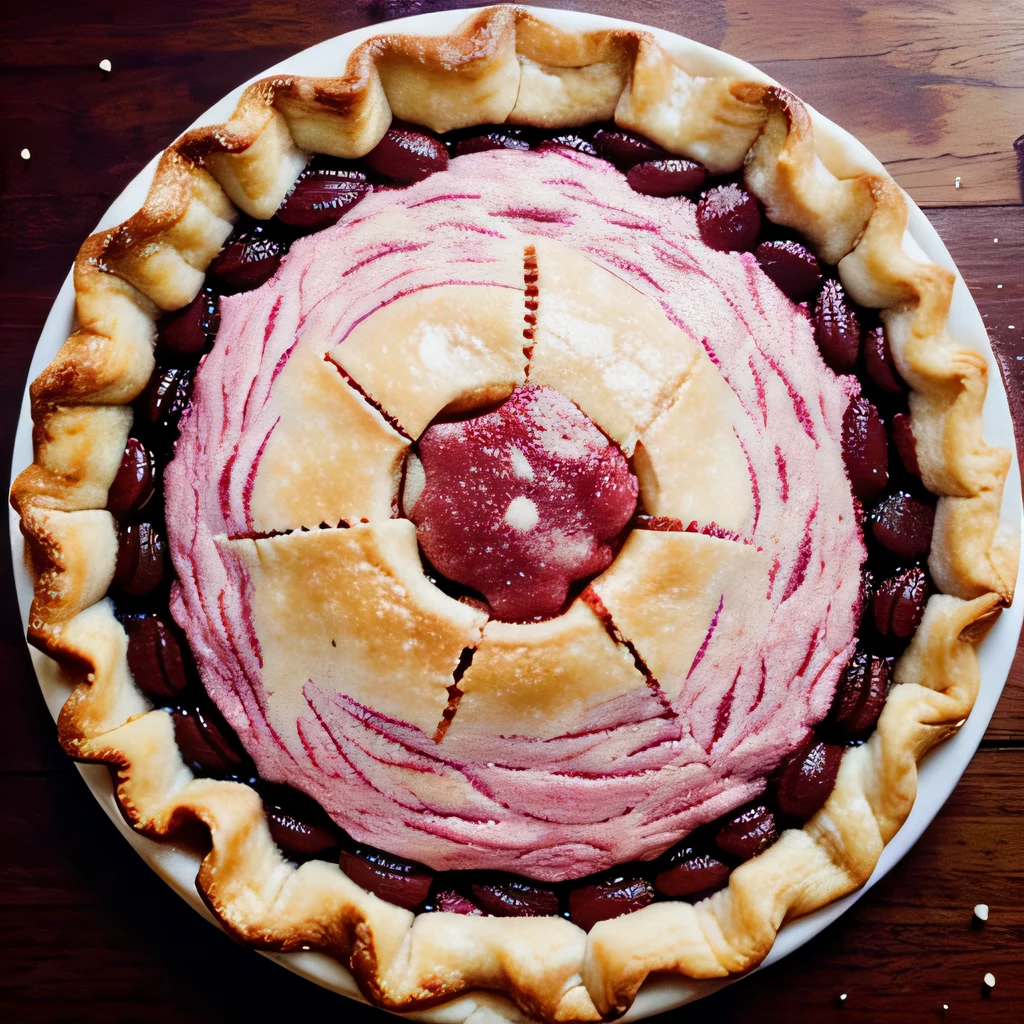 A pie filled with pink round particles all over.