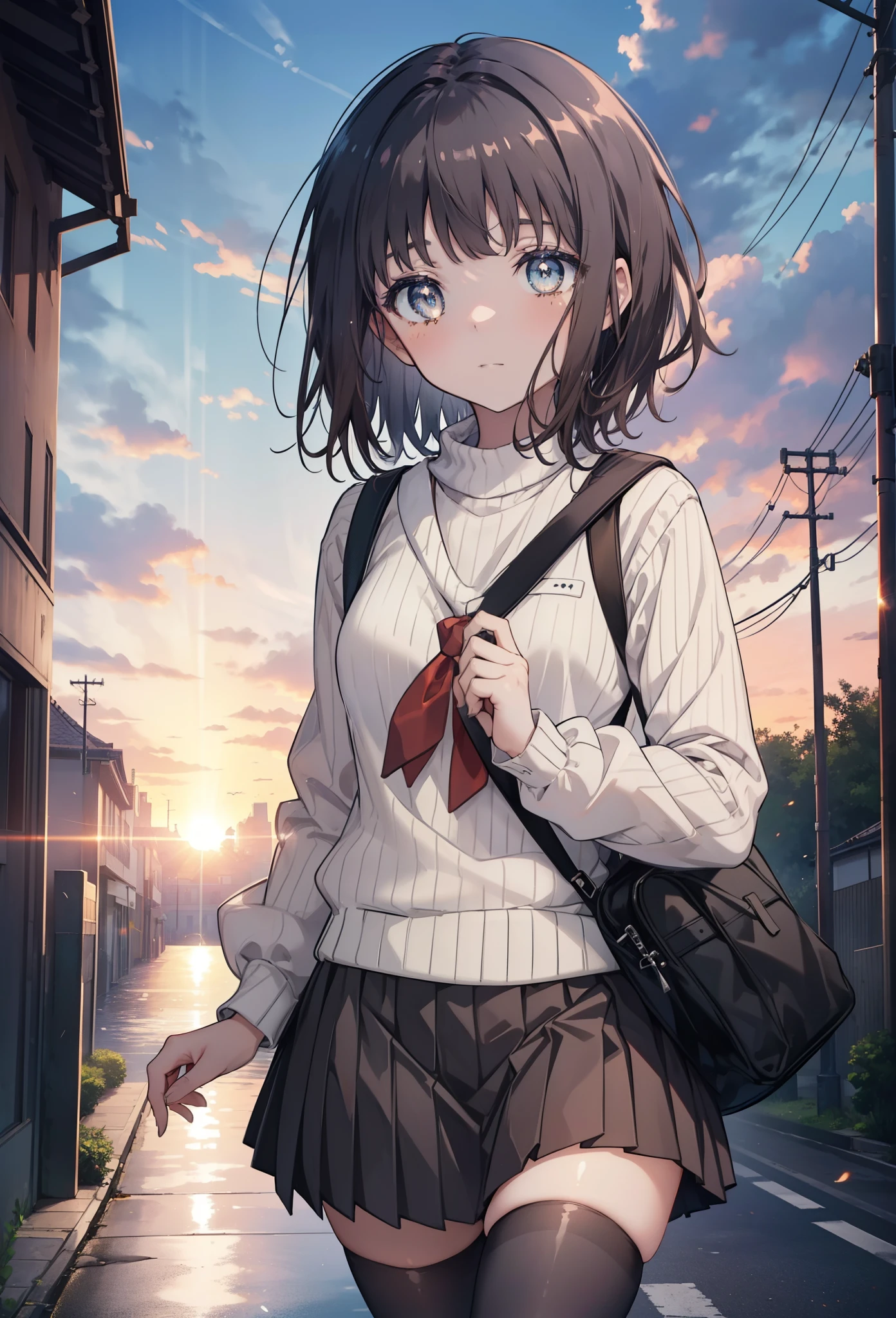 highest quality, masterpiece, High resolution, alone, {Itsuwa_toarumajutsunoindex:1.15}, brown eyes, brown hair, short hair, 1 girl, black hair, black sailor suit,black pleated skirt,white stockings,brown loafers,walking,student bag,evening,sunset,In town,building street,(masterpiece:1.2), highest quality, High resolution, unity 8k wallpaper, (shape:0.8), (beautiful and detailed eyes:1.6), highly detailed face, perfect lighting, Very detailed CG, (perfect hands, perfect anatomy),