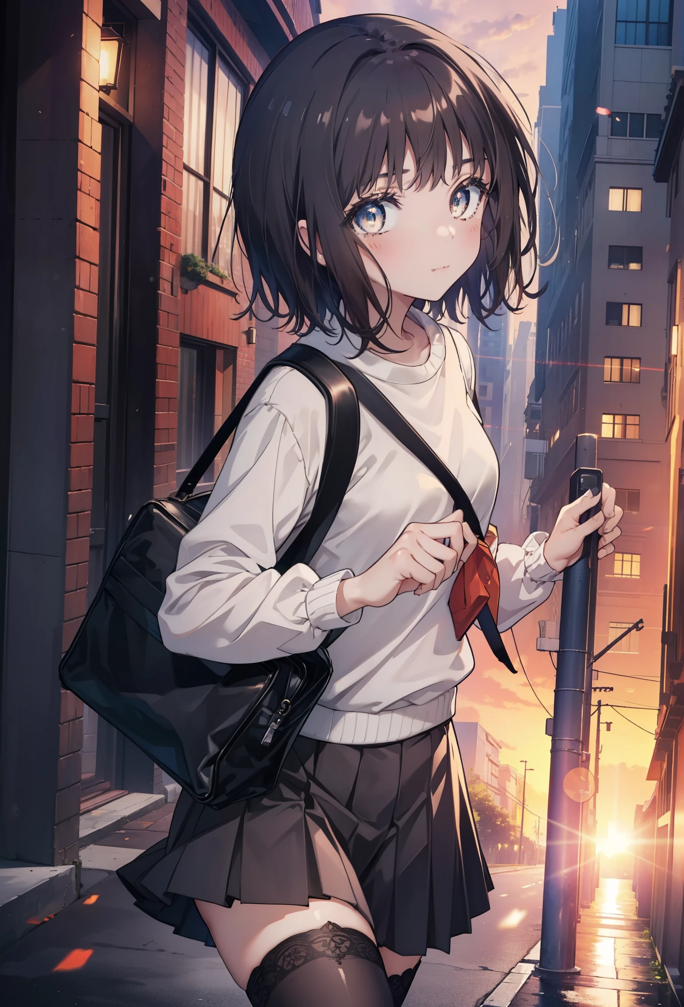 highest quality, masterpiece, High resolution, alone, {Itsuwa_toarumajutsunoindex:1.15}, brown eyes, brown hair, short hair, 1 girl, black hair, black sailor suit,black pleated skirt,white stockings,brown loafers,walking,student bag,evening,sunset,In town,building street,(masterpiece:1.2), highest quality, High resolution, unity 8k wallpaper, (shape:0.8), (beautiful and detailed eyes:1.6), highly detailed face, perfect lighting, Very detailed CG, (perfect hands, perfect anatomy),