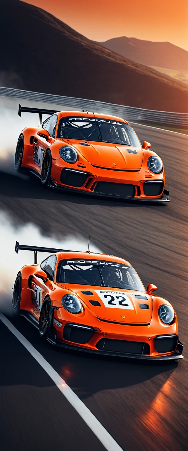 This is a photo composite.double contact.There is a cool Porsche racing car,The background is shaped by a running wolf。Presentation of speed racing。The background of the picture is in a watercolor style with dark orange gradient,minimalist design。The bottom is equipped with the words "PORSCHE"。Picture quality HD.(best quality,4k,8k,high resolution,masterpiece:1.2),Super detailed,(actual,photoactual,photo-actual:1.37),