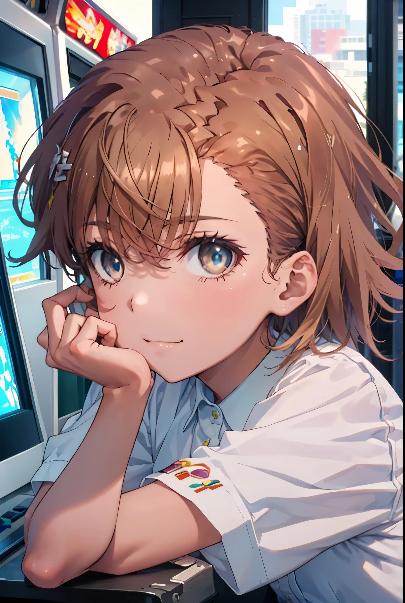 8K,highest quality,masterpiece,(((pixel perfect, Perfect in every detail))), alone, 1 girl, Micotorose, brown eyes,brown hair,short hair,tokiwadai , bow, looking at the viewer, crossed arms, closed mouth, Upper body,smile,sitting Chair, game_center, scenery, arcade cabinet, Chair, poster (object), indoor ,s4g4m1,(masterpiece:1.2), highest quality, High resolution, unity 8K wallpaper, (shape:0.8), (beautiful and detailed eyes:1.6), highly detailed face, perfect lighting, Very detailed CG, (perfect hands, perfect anatomy),