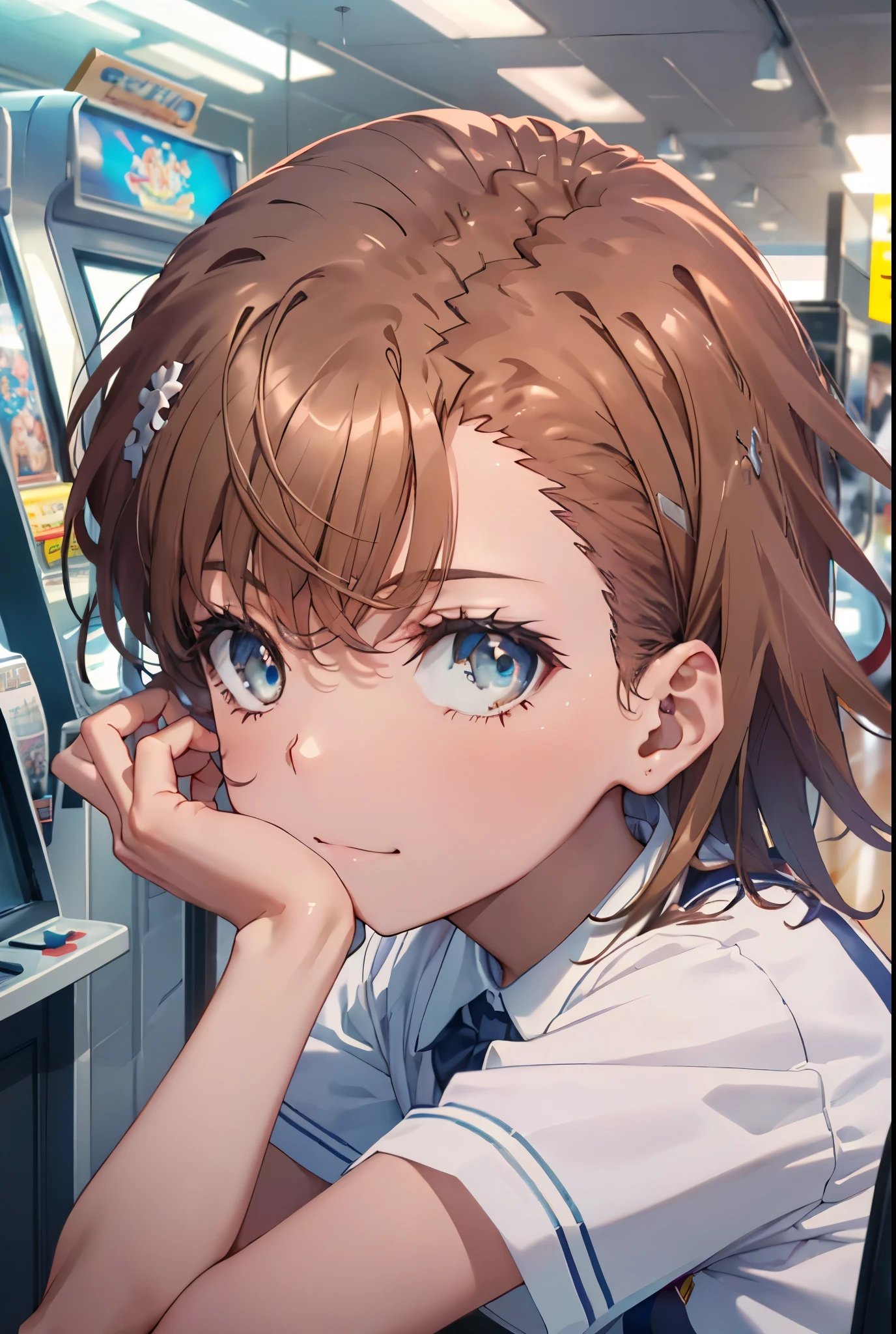 8K,highest quality,masterpiece,(((pixel perfect, Perfect in every detail))), alone, 1 girl, Micotorose, brown eyes,brown hair,short hair,tokiwadai , bow, looking at the viewer, crossed arms, closed mouth, Upper body,smile,sitting Chair, game_center, scenery, arcade cabinet, Chair, poster (object), indoor ,s4g4m1,(masterpiece:1.2), highest quality, High resolution, unity 8K wallpaper, (shape:0.8), (beautiful and detailed eyes:1.6), highly detailed face, perfect lighting, Very detailed CG, (perfect hands, perfect anatomy),