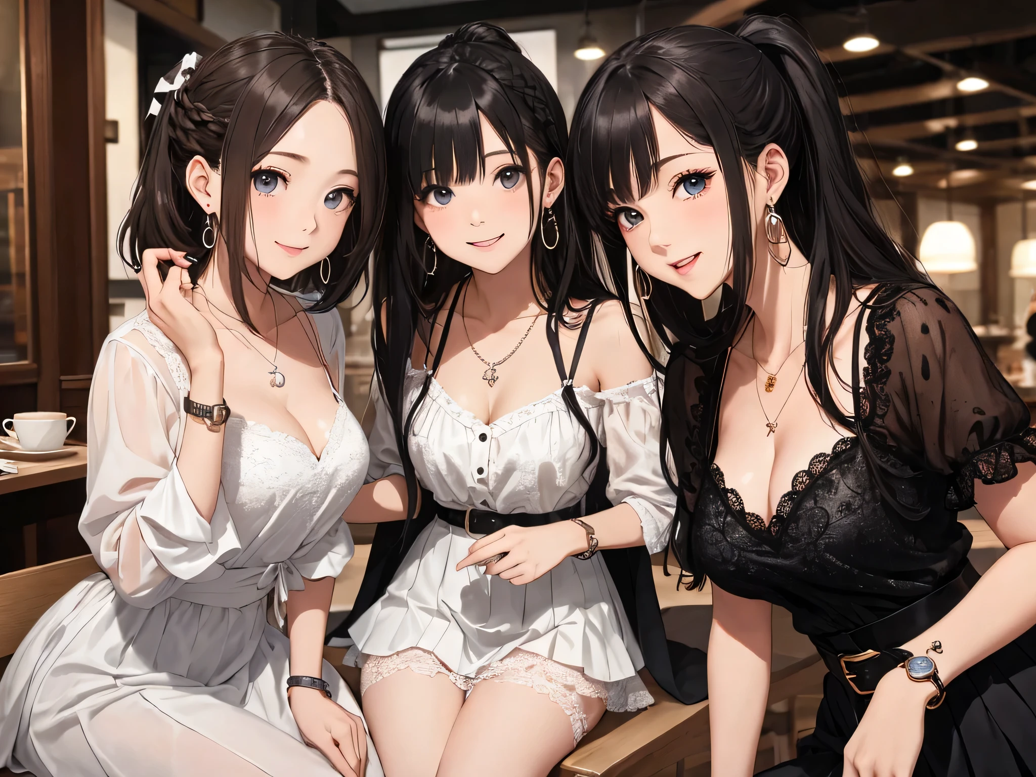 highest quality、High resolution、detailed background、Beautiful and dense face、beautiful and smooth skin、skin texture、cute10代の美少女、(three women)、realistic、perfect body line、black hair braided ponytail、cute髪型、Calm atmosphere、
happy look、smile、laughter、sexual expression、Upper body、Tea time at the cafe、
(three womenが可愛いカフェでおしゃべりを楽しみながらケーキやスイーツを味わう:1.5)、
(three womenが可愛いカフェでおしゃべりを楽しみながらケーキやスイーツを味わう:1.5)、
Choose white or pastel colors for lace tops and flared skirts..、sandals or heels、If the lace top is see-through, Wear it elegantly by layering it with an inner camisole..、
Choose a lace blouse in a soft color and add feminine movement with a pleated skirt.、
Adding lace to the sleeves and collar of the blouse makes it even more cute.、
Choose a colorful lace camisole、Add elegance with a midi skirt。、cute、
Simple and elegant pearl earrings、delicate chain necklace、Choose a design that suits your style, Simple pendants and pendants with stones etc..、
A watch that gives an elegant and sophisticated impression、It is a good idea to choose a design that matches your taste and clothing., leather belts, metal belts, etc..、
A simple bracelet that looks great on your wrist、Choosing a thin chain or a simple design will give you an elegant impression.。.、A thin ring on the fingertip、
When adding accessories, Pay attention to proper balance and layering.、cute