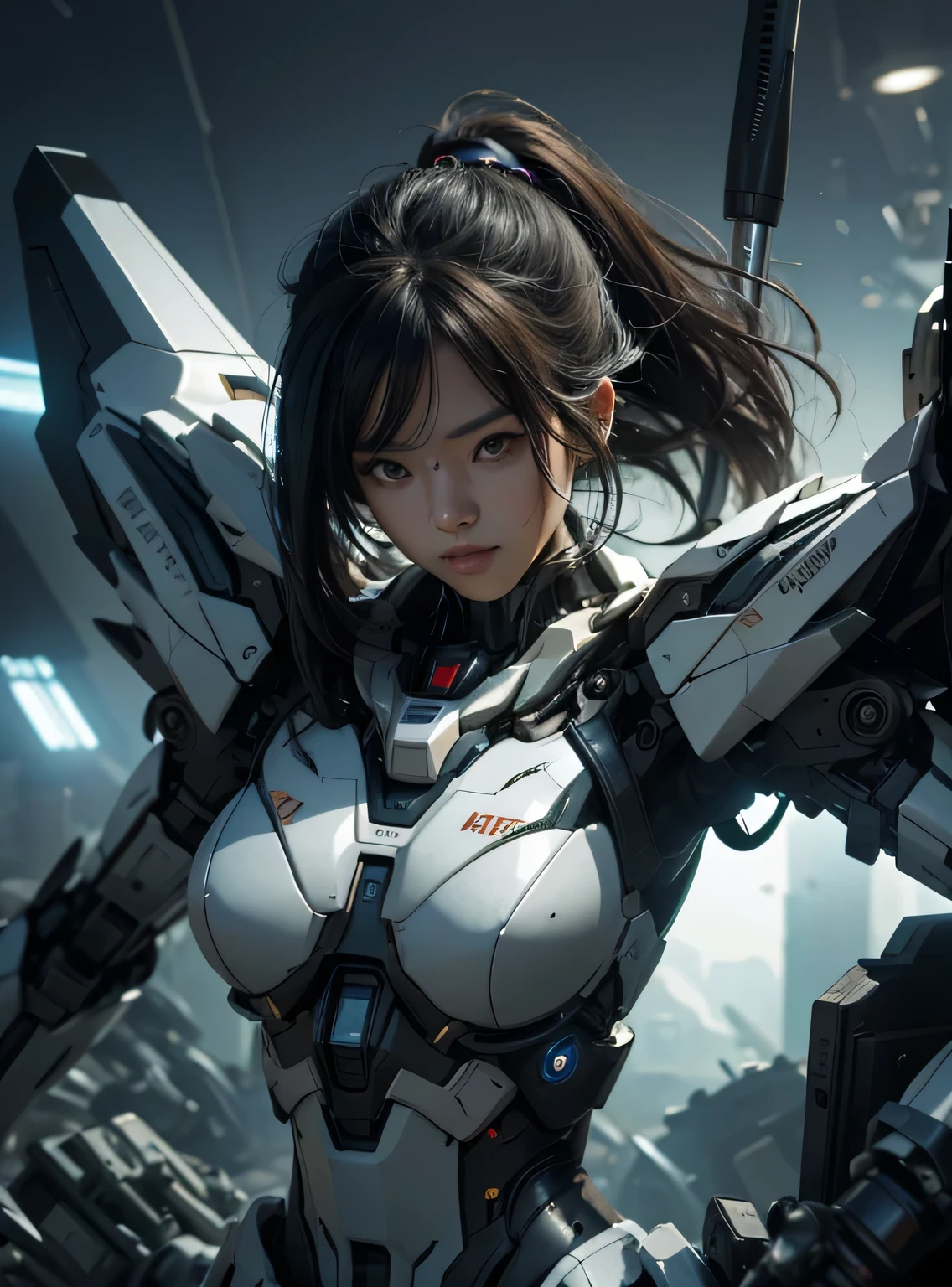 Textured skin, Super Detail, high details, High quality, Best Quality, hight resolution, 1080p, hard disk, Beautiful,(Gundam),beautiful cyborg woman,Mecha Cyborg Girl,Battle Mode,Girl with a Mecha Body,She wears a futuristic Gundam mecha,Fulll body Shot