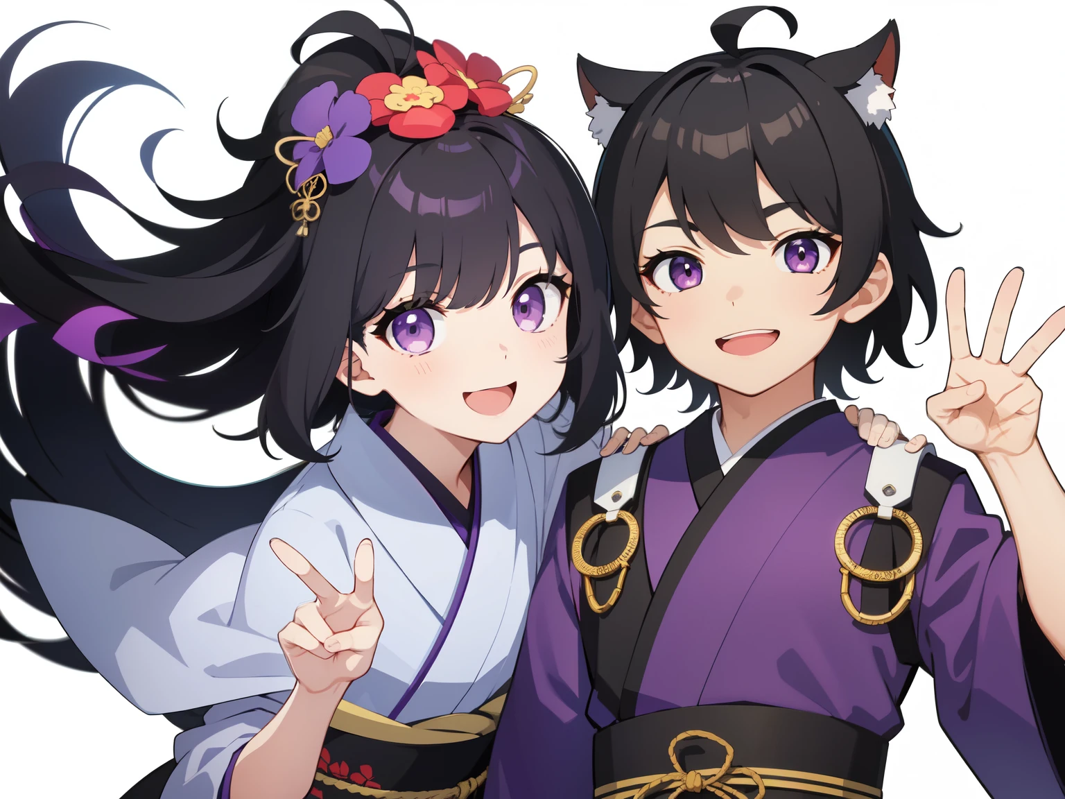 looking at the viewer, simple background、white background, 1 man, open your mouth, smile, Virtual YouTuber、((highest quality, expensive_solve, clear_image)),(black hair), (Ahoge), (ridiculously short hair), (purple eyes),、laughter、((concept art))、((front))、((Men))、random pose、Dressed in kimono