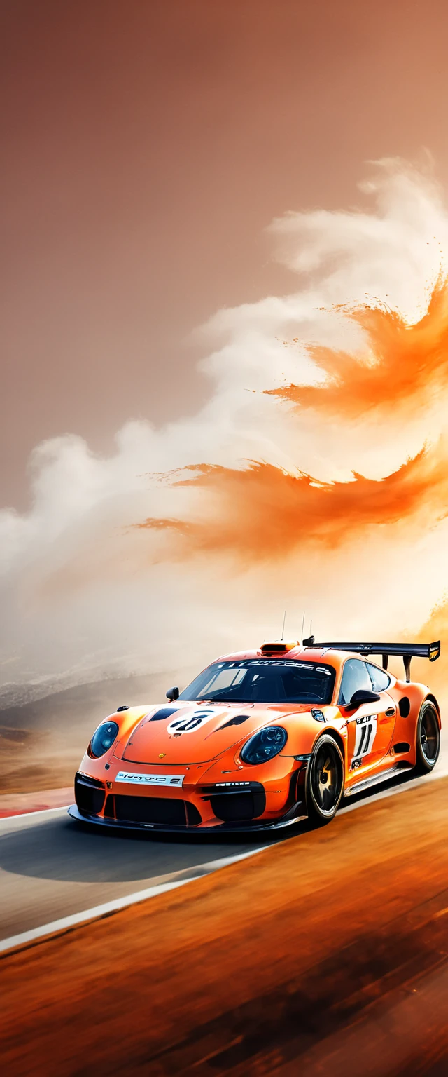 This is a photo composite.double contact.There is a cool Porsche racing car，The background is shaped by a running wolf。Presentation of speed racing。The background of the picture is in a watercolor style with dark orange gradient，minimalist design。The bottom is equipped with the words &quot;PORSCHE&quot;。Picture quality HD.(best quality,4k,8k,high resolution,masterpiece:1.2),Super detailed,(actual,photoactual,photo-actual:1.37),