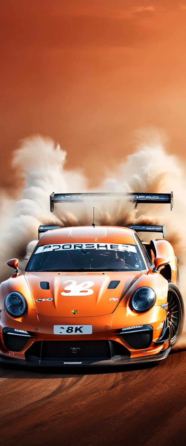 This is a photo composite.double contact.There is a cool Porsche racing car，The background is shaped by a running wolf。Presentation of speed racing。The background of the picture is in a watercolor style with dark orange gradient，minimalist design。The bottom is equipped with the words &quot;PORSCHE&quot;。Picture quality HD.(best quality,4k,8k,high resolution,masterpiece:1.2),Super detailed,(actual,photoactual,photo-actual:1.37),