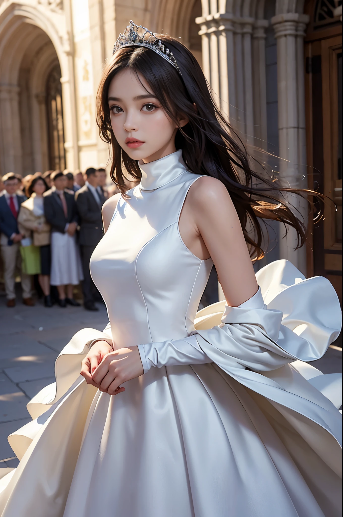 best quality, masterpiece, 1 girl, Very pretty, yak, cute teen, shiny lips, sweet, sun glare, Conservative attire, turtleneck wedding dress, bridal tiara, depth of field, blurred background, Cathedral Background, light particles, strong wind, head tilt, long hair,