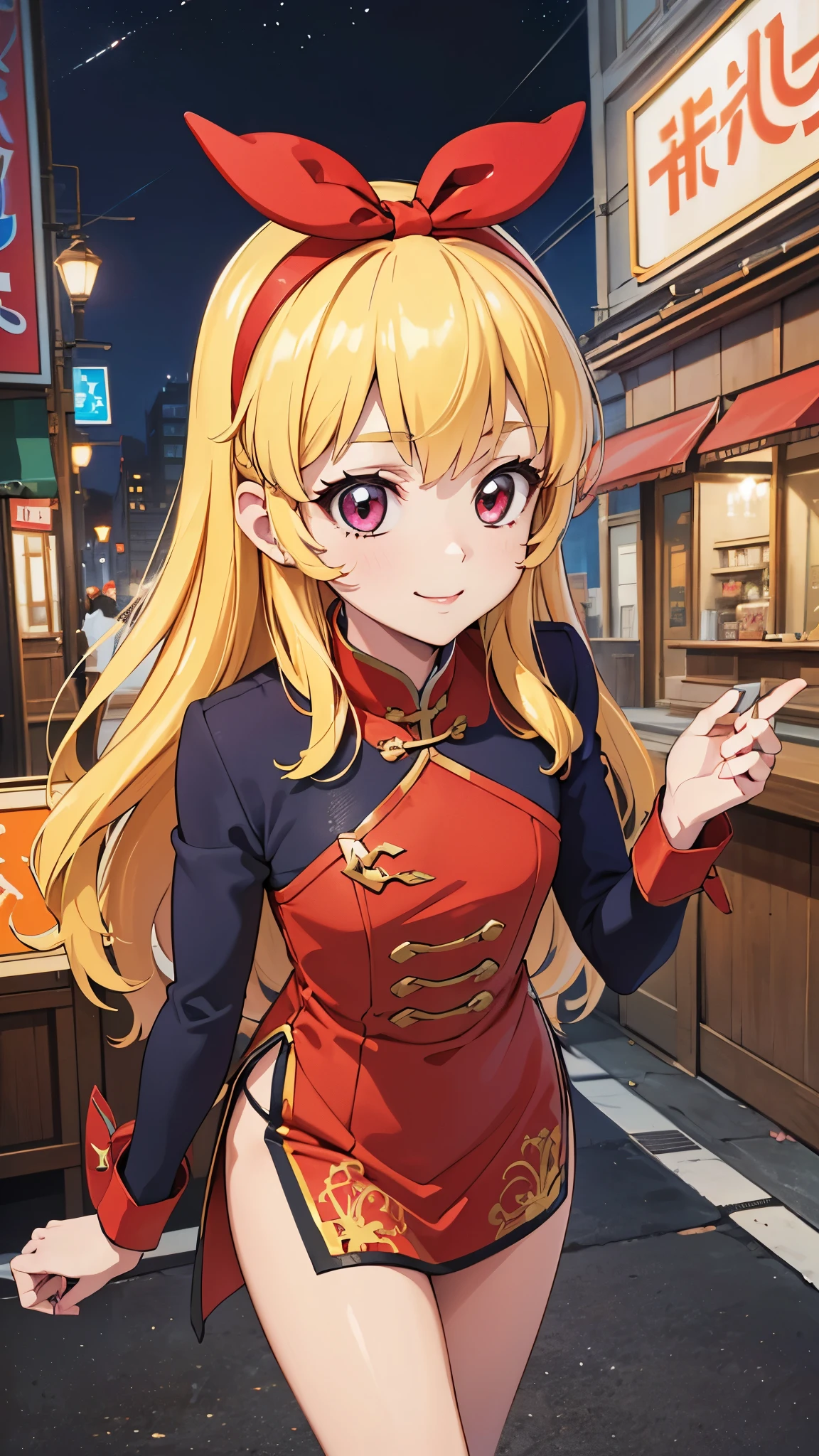 (RED Ribbon on HAIRband:1.2),(masterpiece, best quality, highly detailed, ultra detailed, high resolution, absurdres, 4K, 8K:1.2), (official art, incredibly fine illustration, extremely detailed CG, detailed background, cinematic lighting, dynamic angle, perfect hands, detailed shiny skin, detailed hair, detailed eyes)(extremely awesome detailed pretty  face,beauty face)(extremely detailed)(Three-dimensional depiction)
BREAK, ((16K photo, SwinIR_4x, absurdres, hires, ultra detailed)), at BAR counter, (((beautiful and cute smile, very drooping eyes,Blonde hair))), reflecting her mature elegance perfect body, sexual_coquettish posing, ((red china dress)), BREAK, high heels, gutter belt, leather-gauntlet, _naked -1 4, Flat drawing -1 55, (((Ultra-intricate detailed pop manga face))),(Background night street)