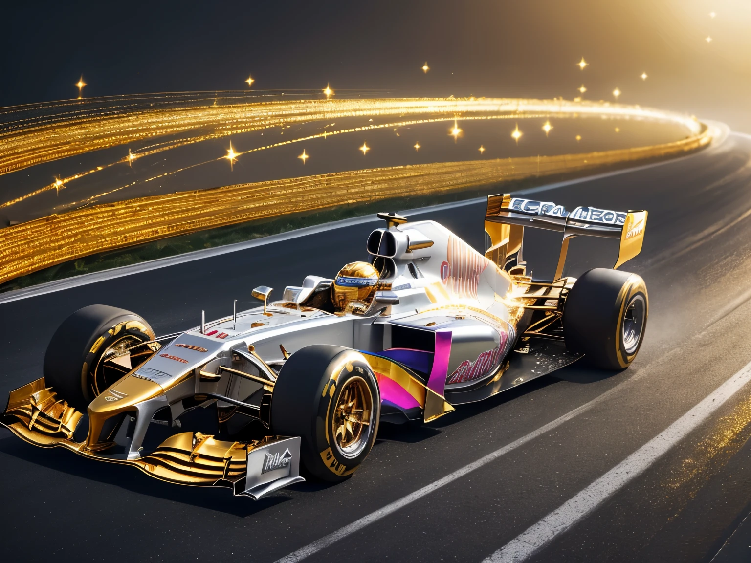 (best quality, 32k, incredibly absurdres, extremely detailed), Formula One Car Machine made of (finely crushed shining silver gold metals plated and shining colorful gems:1.4), works of art, motion-blur, action-lines, speed-lines, wind, wind-effect, background black
